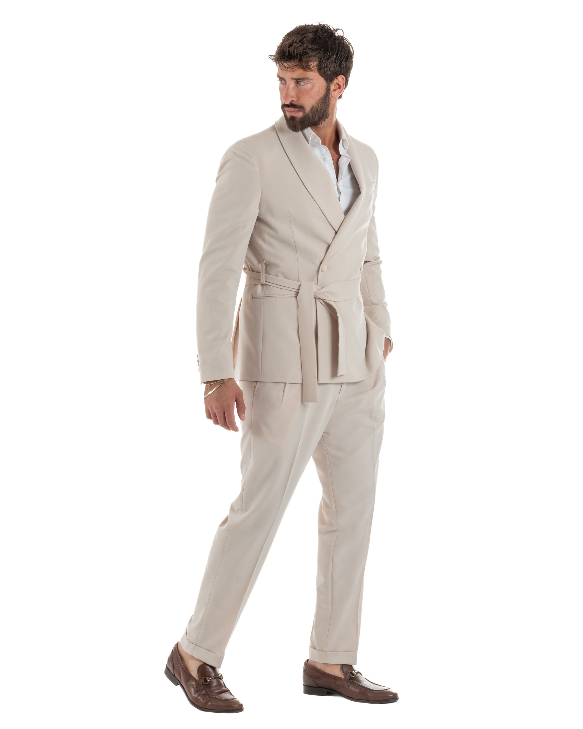 Abito uomo completo doppiopetto rever scialle cintura pantaloni pinces beige BlackSunday AE1246A