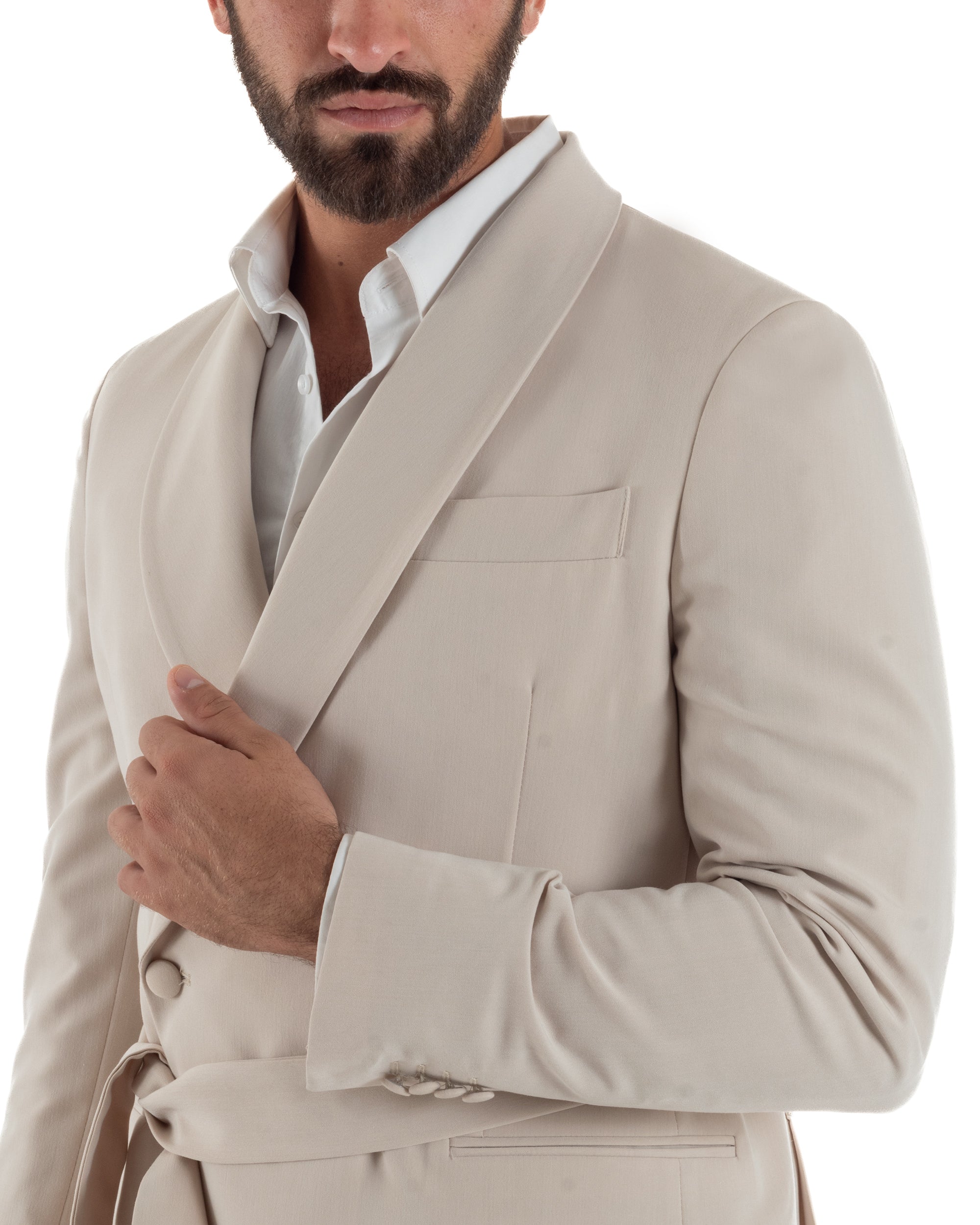 Abito uomo completo doppiopetto rever scialle cintura pantaloni pinces beige BlackSunday AE1246A