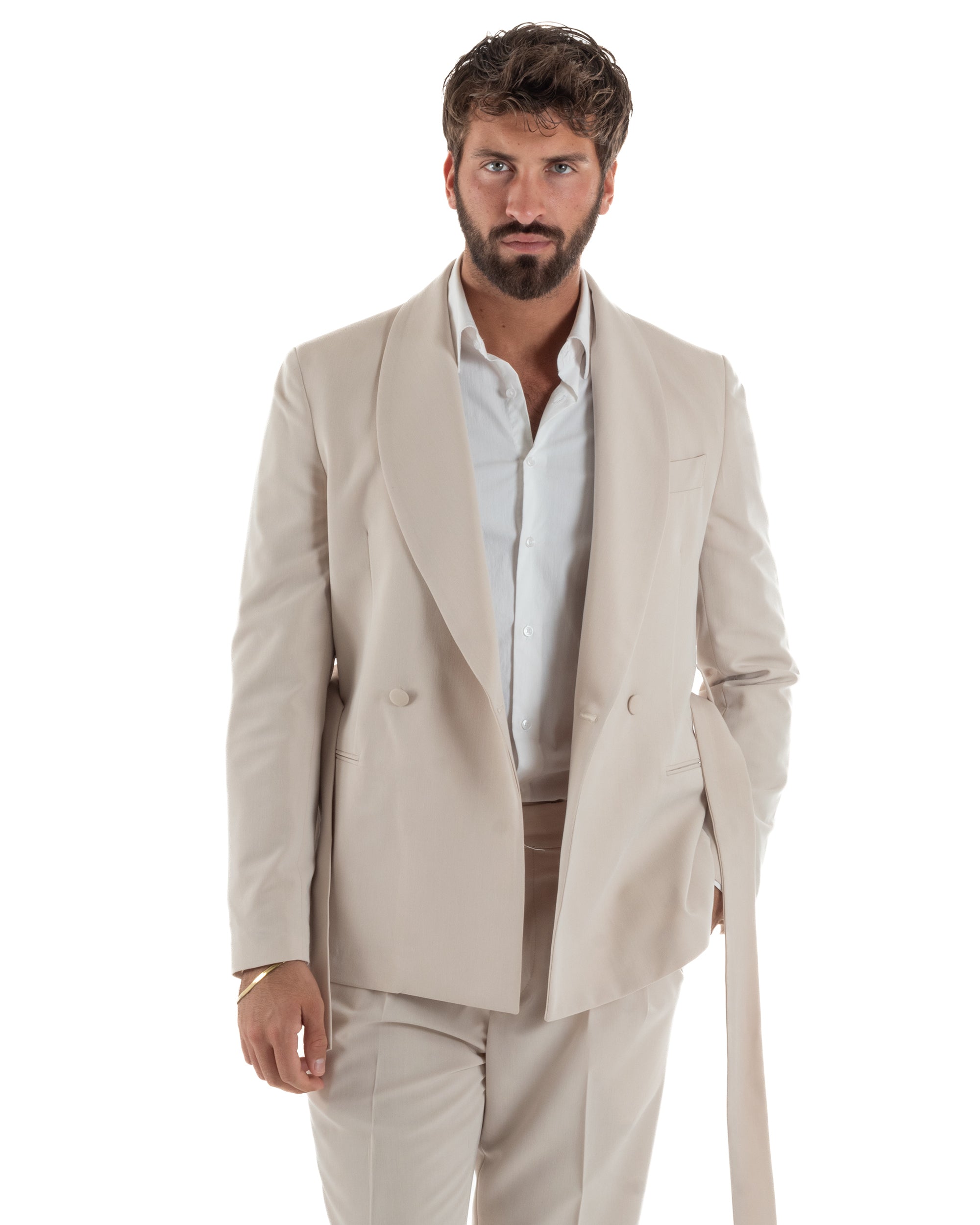 Abito uomo completo doppiopetto rever scialle cintura pantaloni pinces beige BlackSunday AE1246A