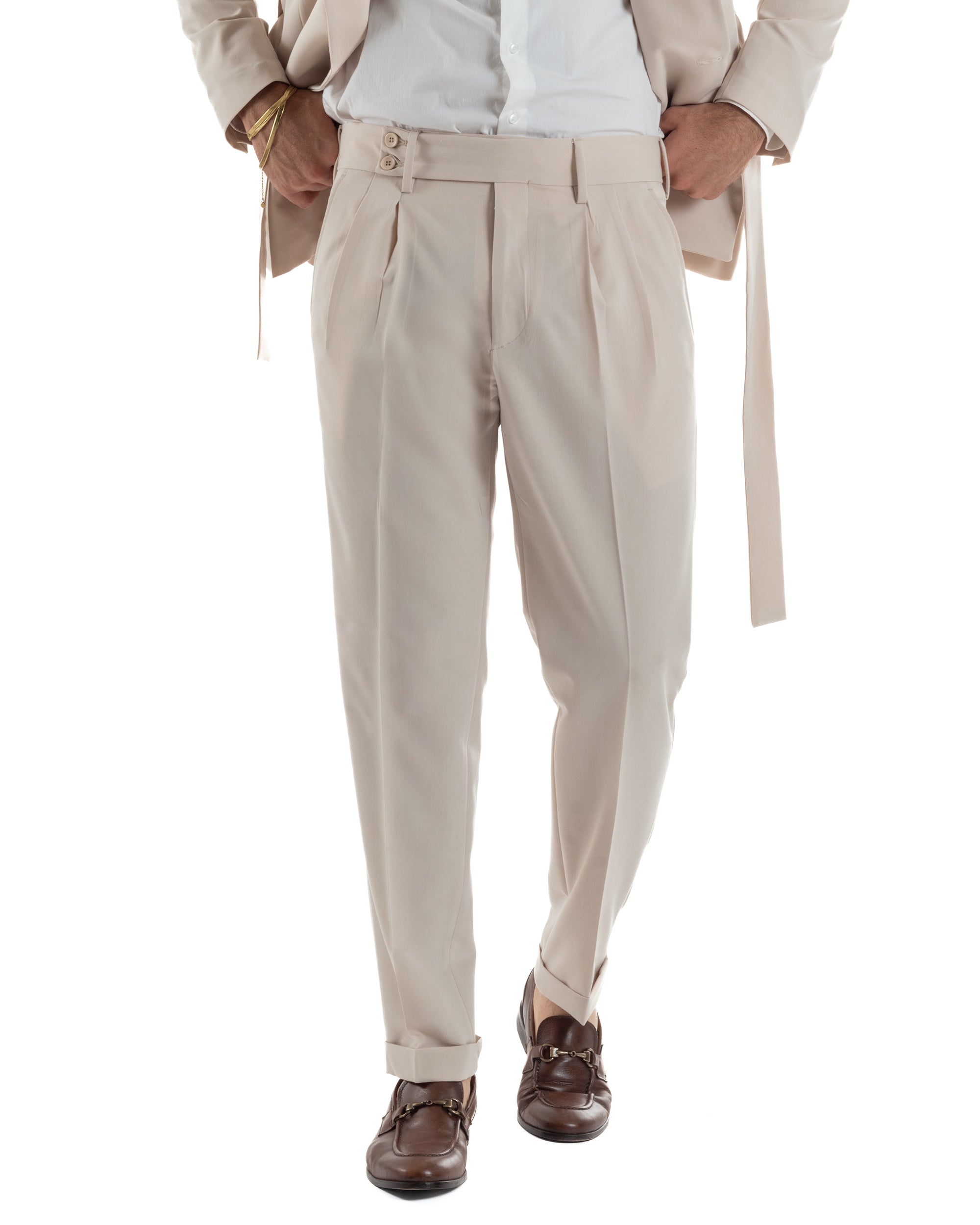 Abito uomo completo doppiopetto rever scialle cintura pantaloni pinces beige BlackSunday AE1246A