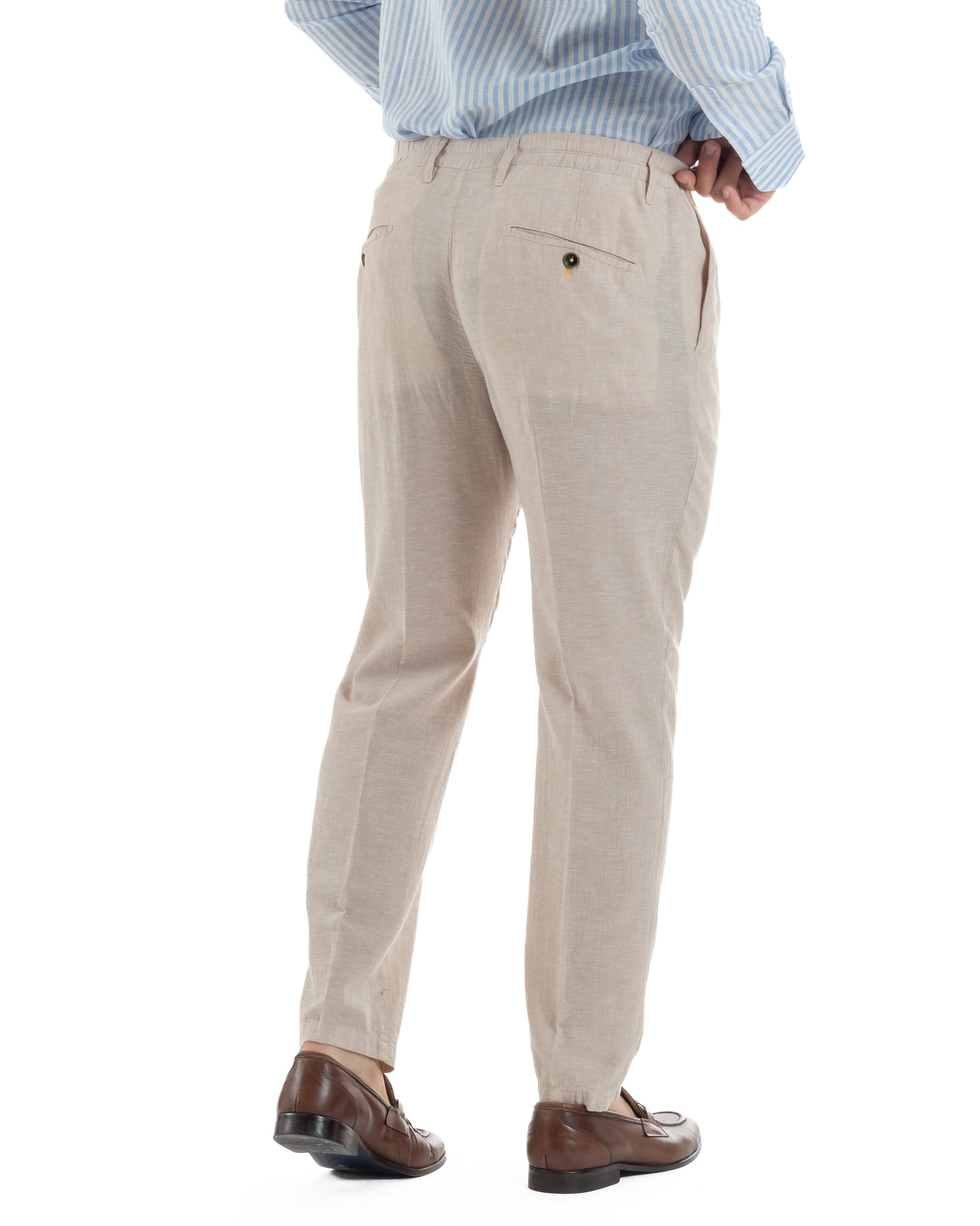 Abito uomo completo lino giacca monopetto pantaloni pinces coulisse beige BERNA M-261359