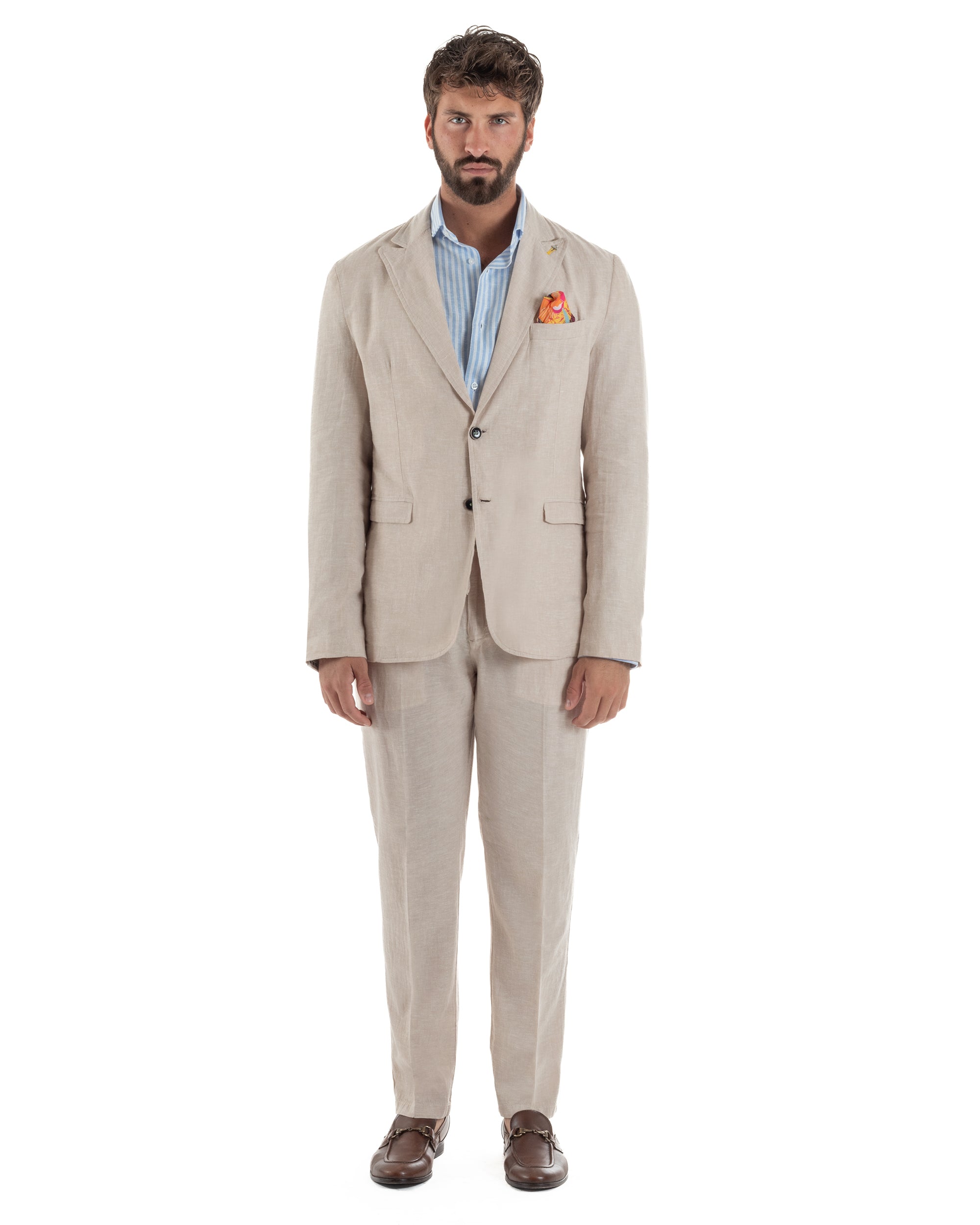 Abito uomo completo lino giacca monopetto pantaloni pinces coulisse beige BERNA M-261359