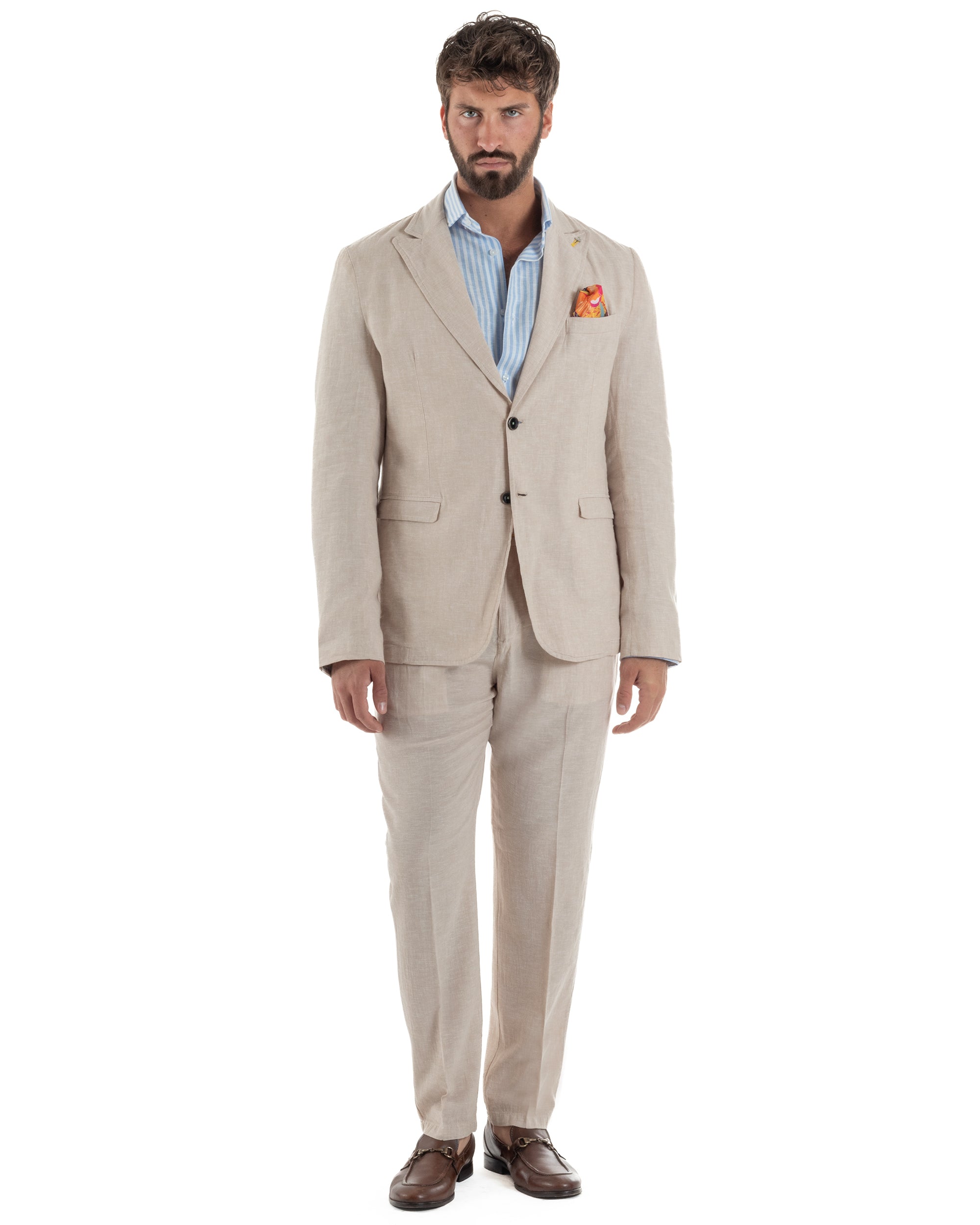 Abito uomo completo lino giacca monopetto pantaloni pinces coulisse beige BERNA M-261359