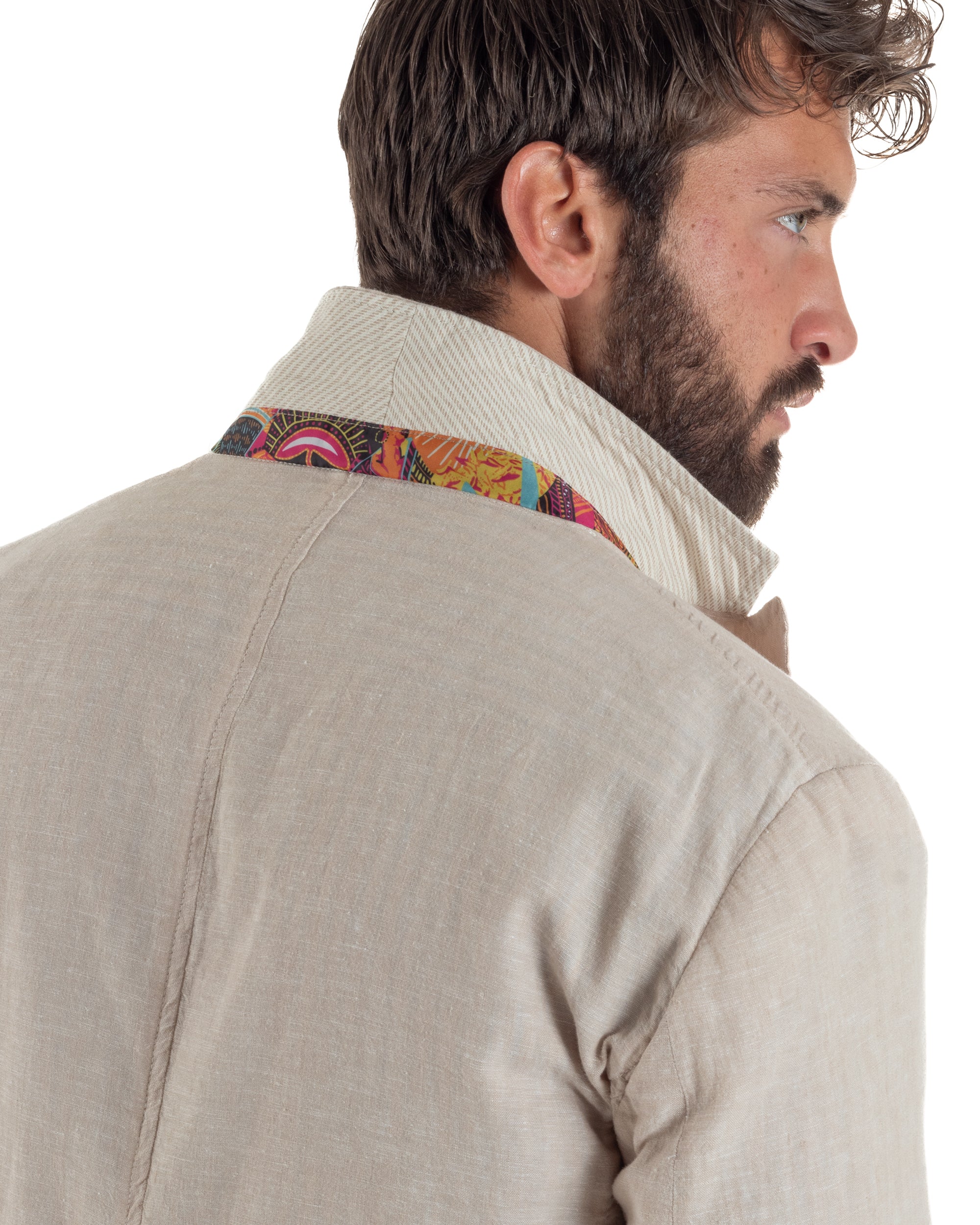 Abito uomo completo lino giacca monopetto pantaloni pinces coulisse beige BERNA M-261359