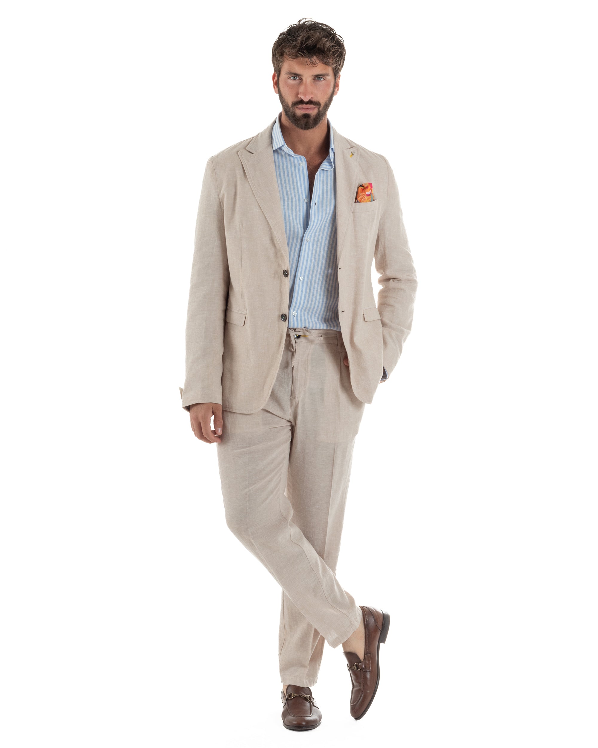 Abito uomo completo lino giacca monopetto pantaloni pinces coulisse beige BERNA M-261359