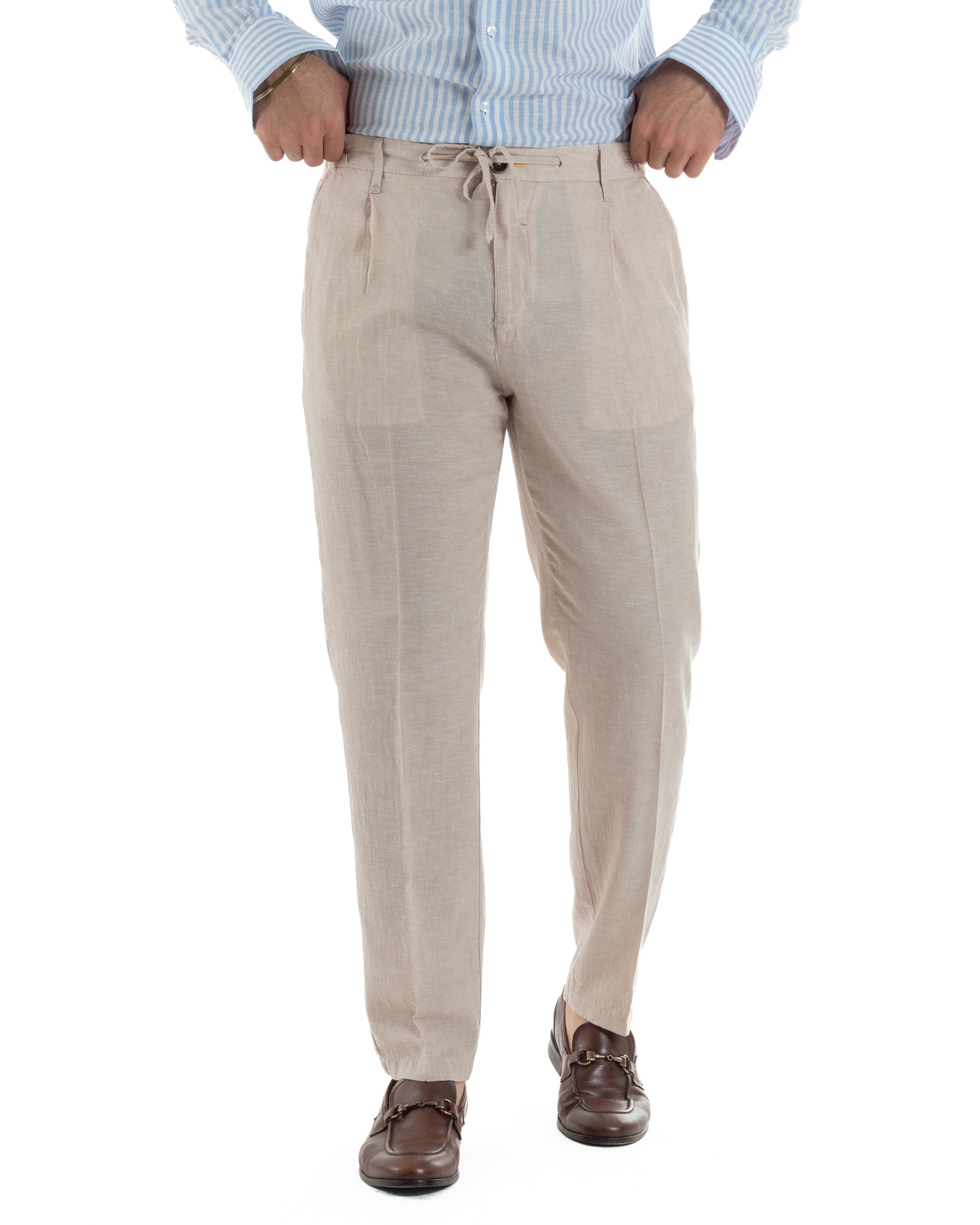Abito uomo completo lino giacca monopetto pantaloni pinces coulisse beige BERNA M-261359