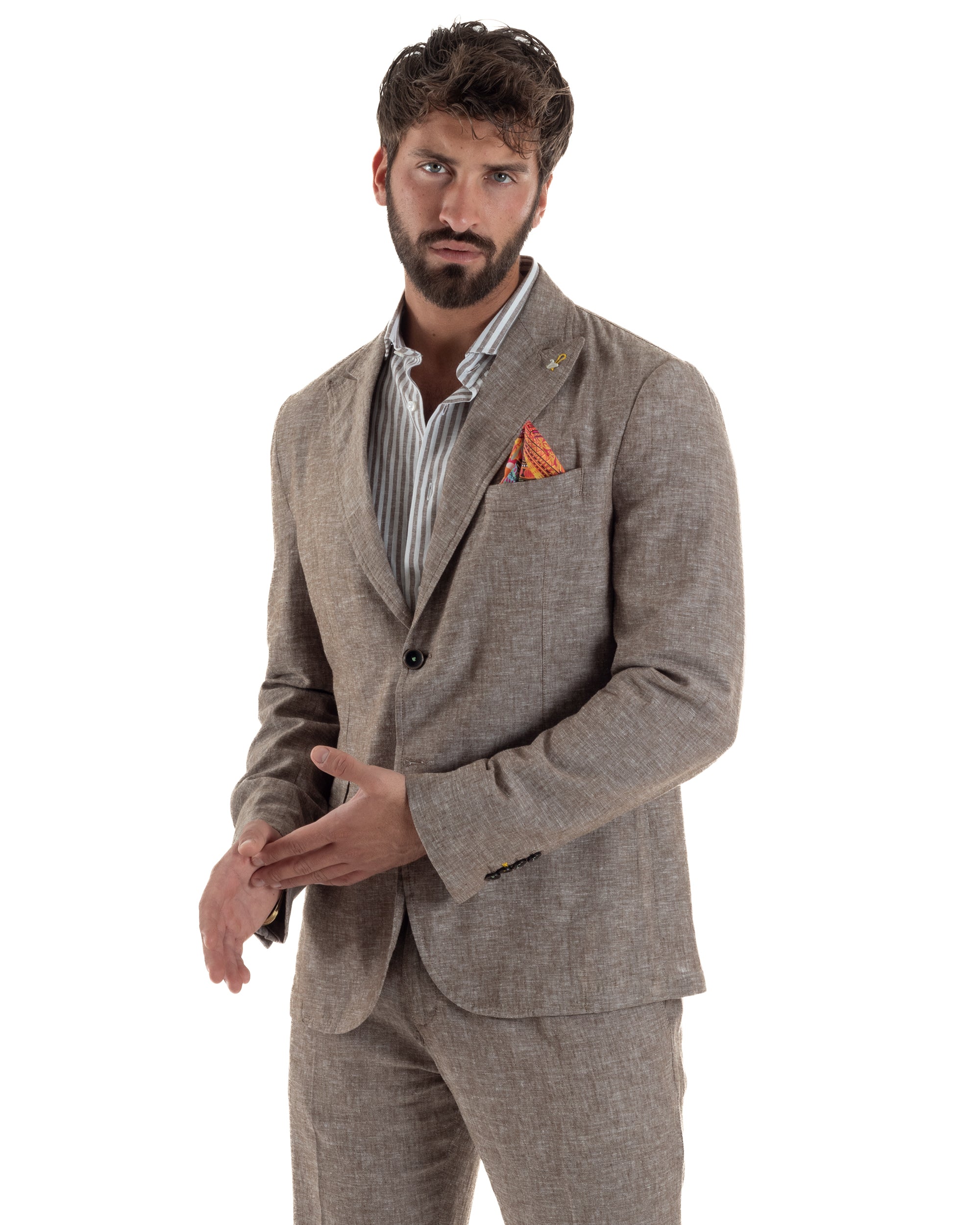 Abito uomo completo lino giacca monopetto pantaloni pinces coulisse marrone BERNA M-261359