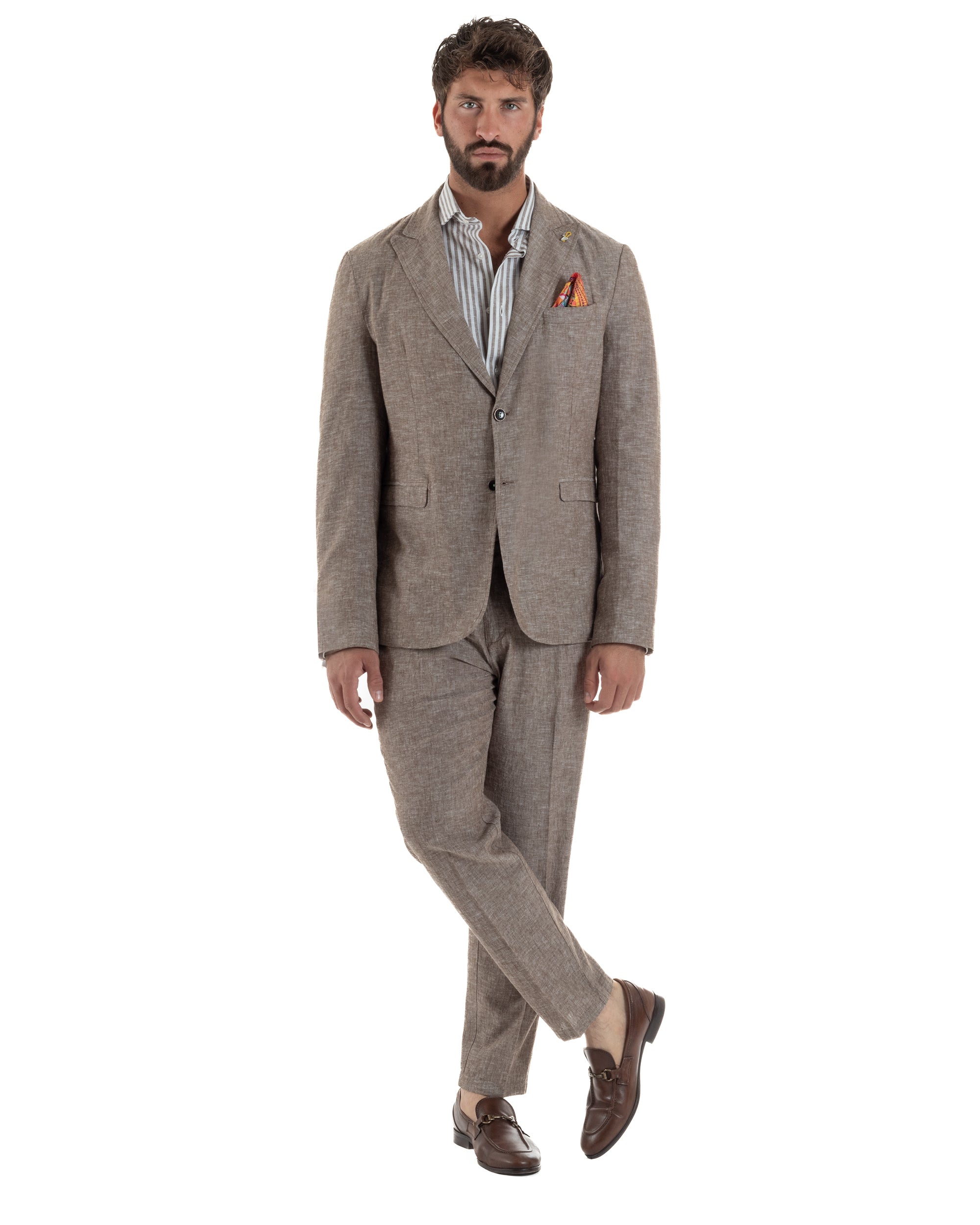 Abito uomo completo lino giacca monopetto pantaloni pinces coulisse marrone BERNA M-261359