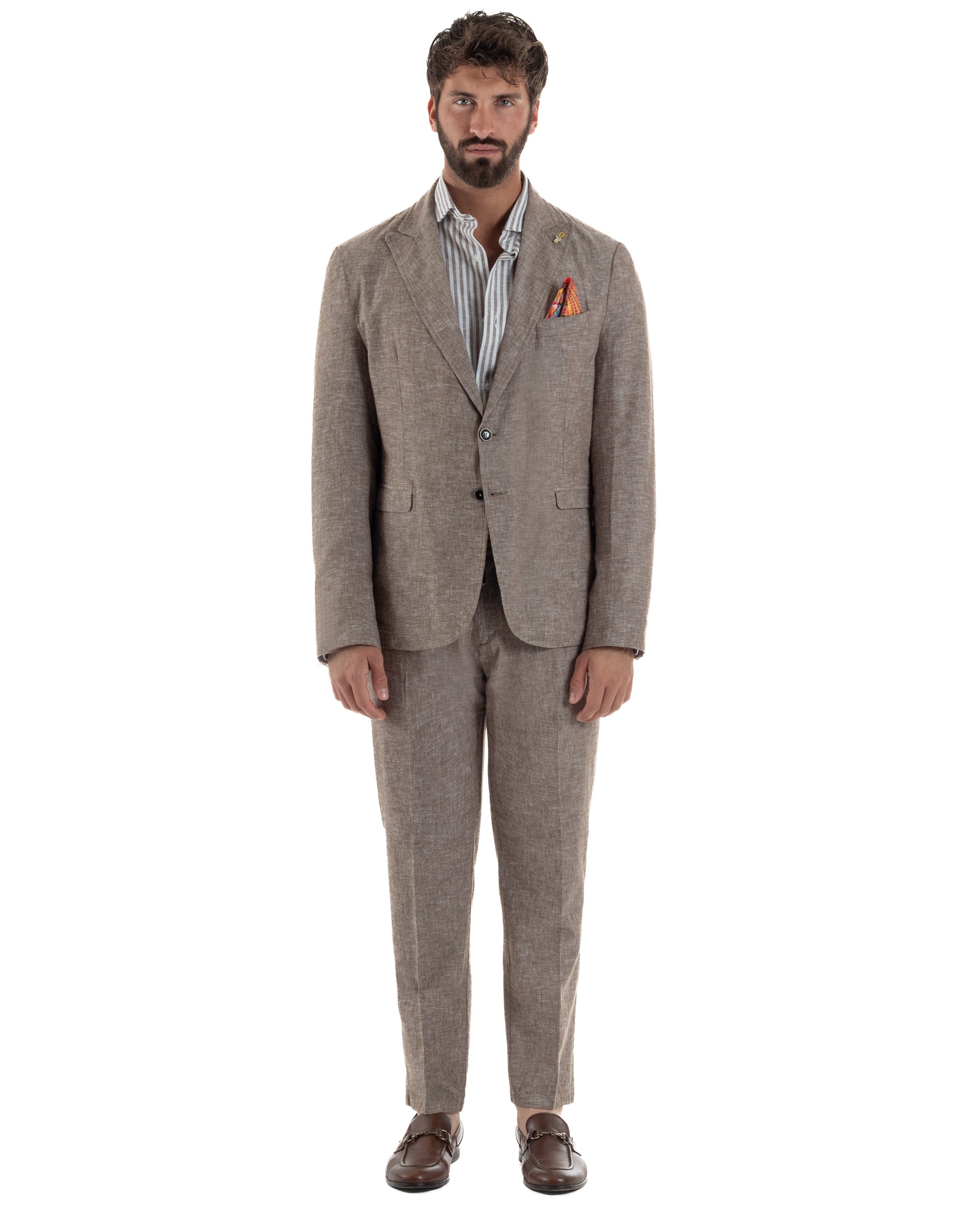 Abito uomo completo lino giacca monopetto pantaloni pinces coulisse marrone BERNA M-261359