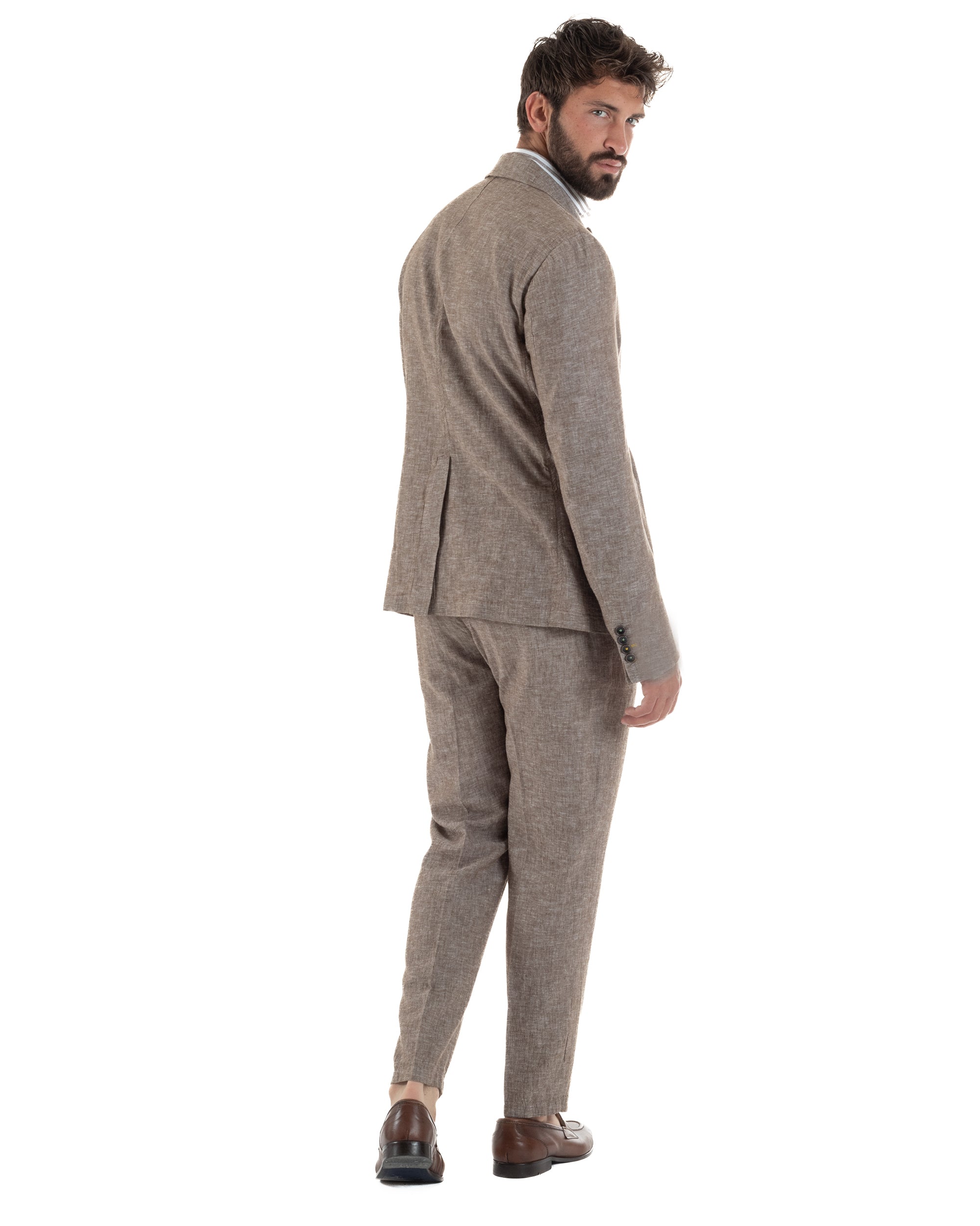 Abito uomo completo lino giacca monopetto pantaloni pinces coulisse marrone BERNA M-261359
