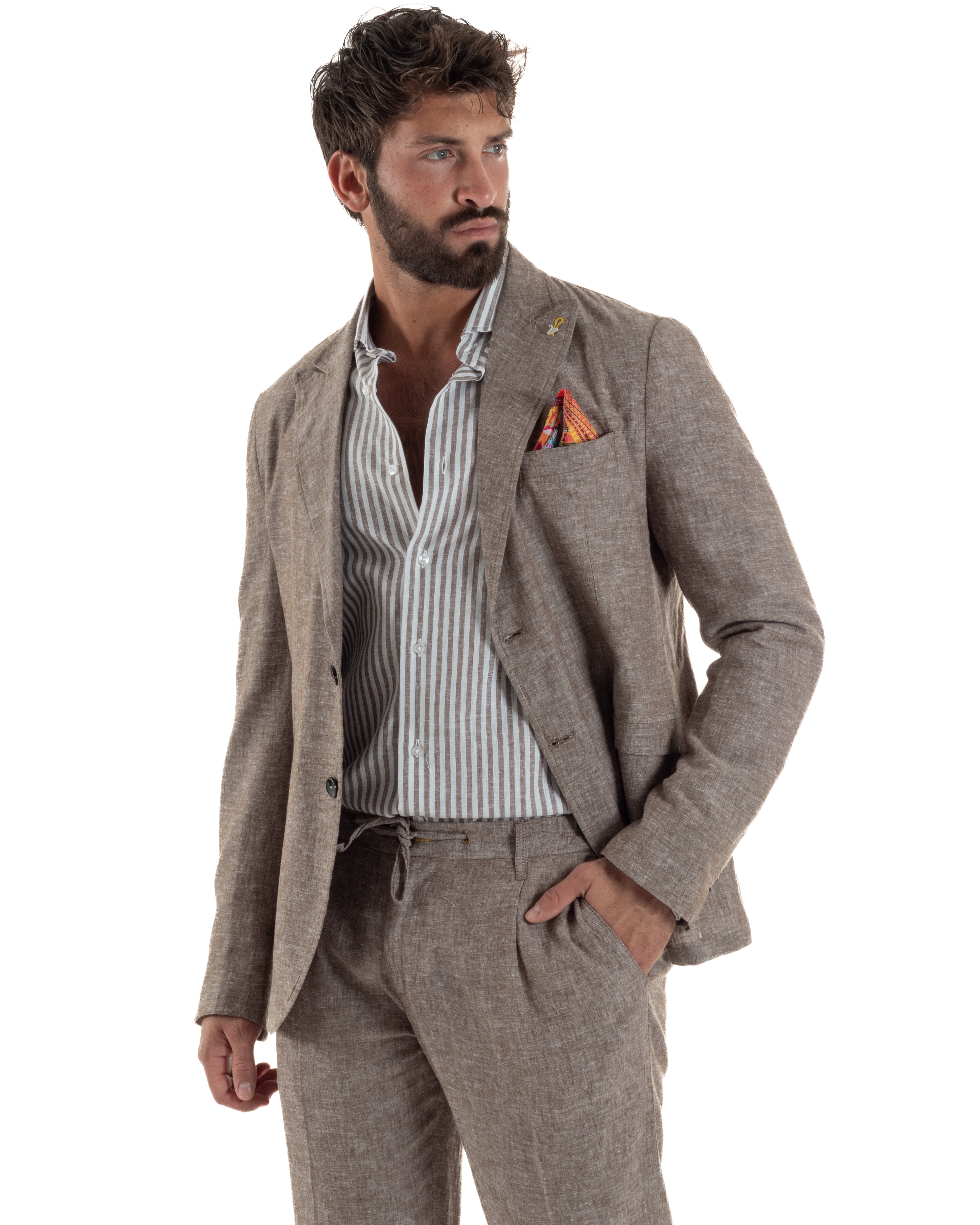 Abito uomo completo lino giacca monopetto pantaloni pinces coulisse marrone BERNA M-261359