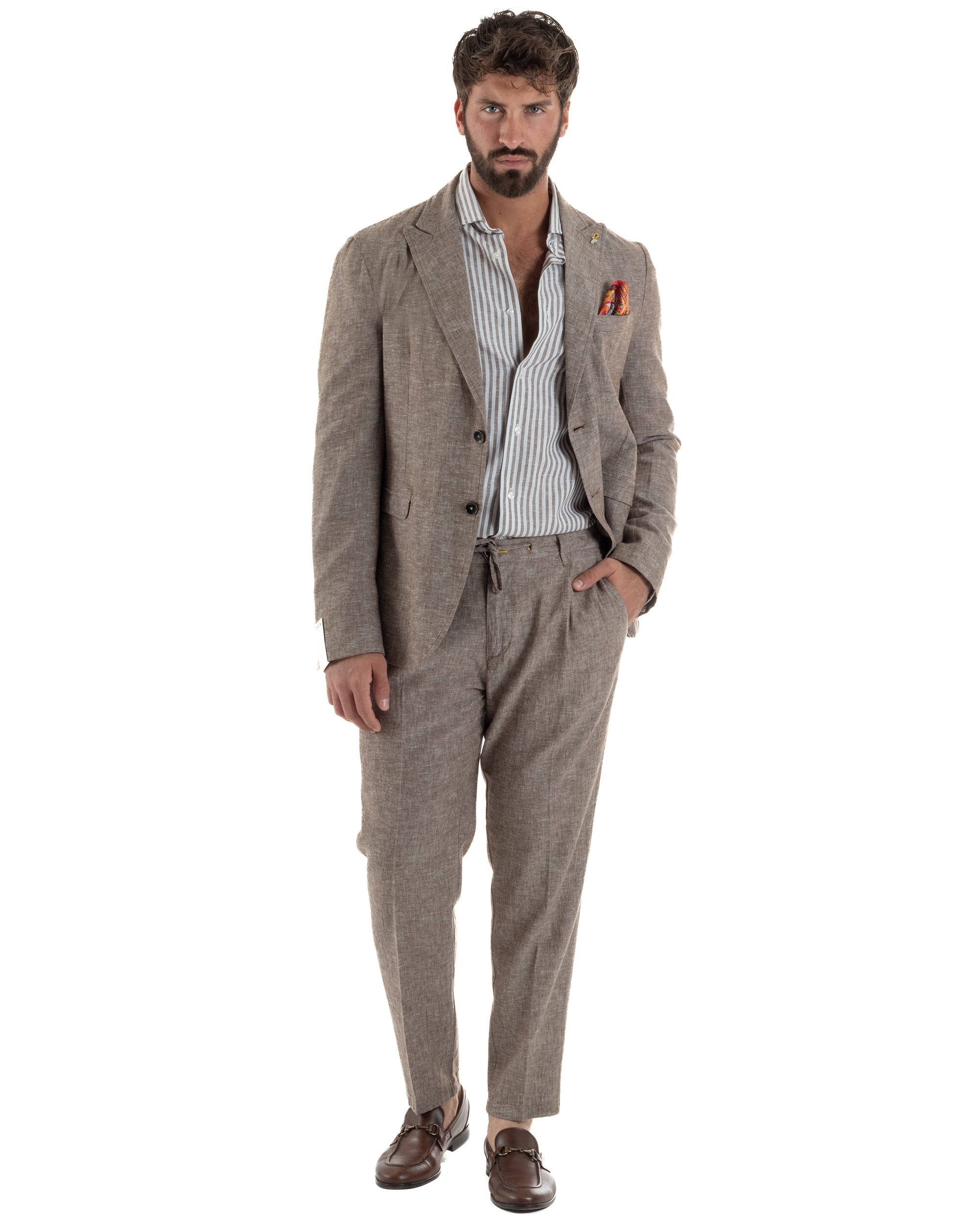 Abito uomo completo lino giacca monopetto pantaloni pinces coulisse marrone BERNA M-261359