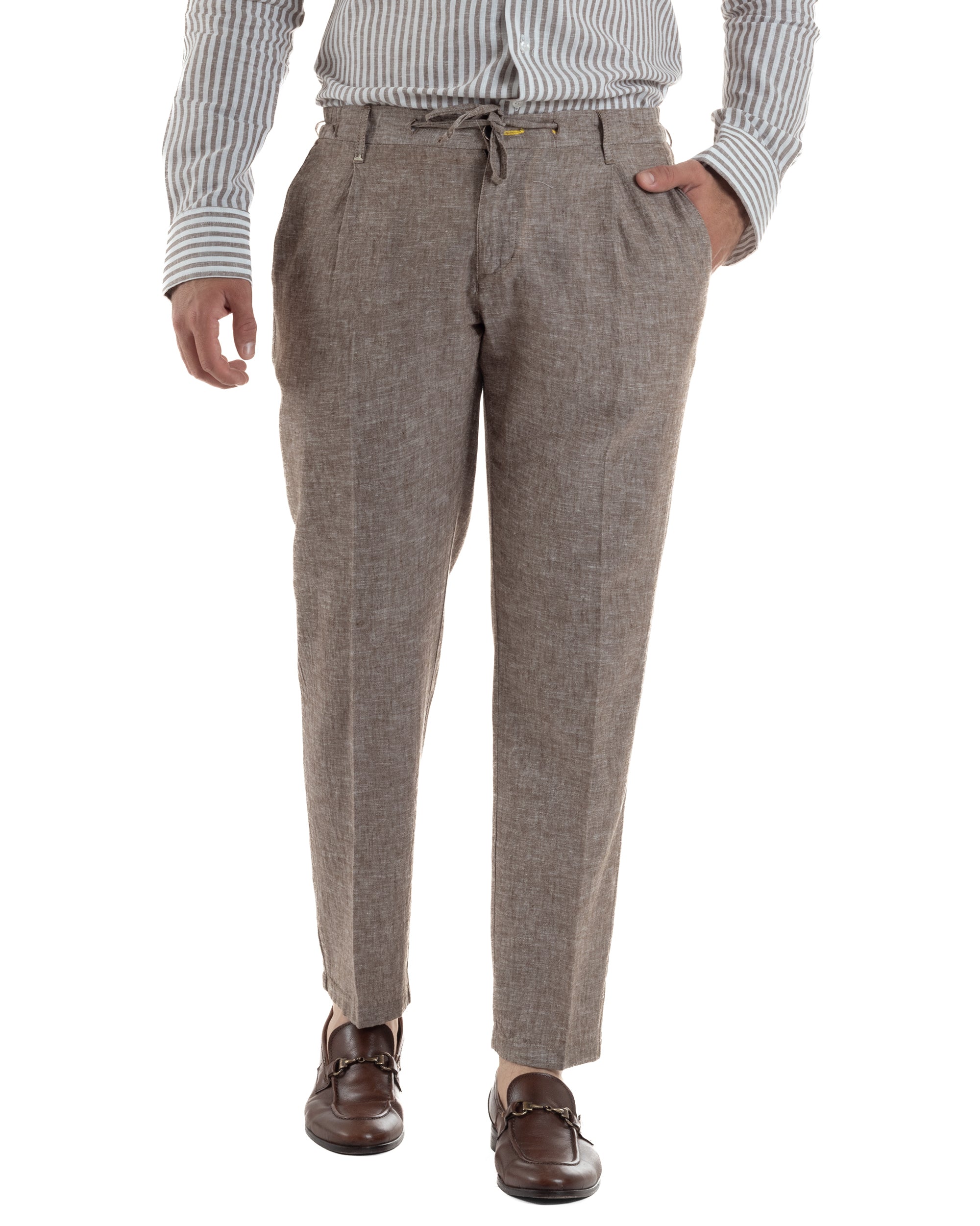 Abito uomo completo lino giacca monopetto pantaloni pinces coulisse marrone BERNA M-261359