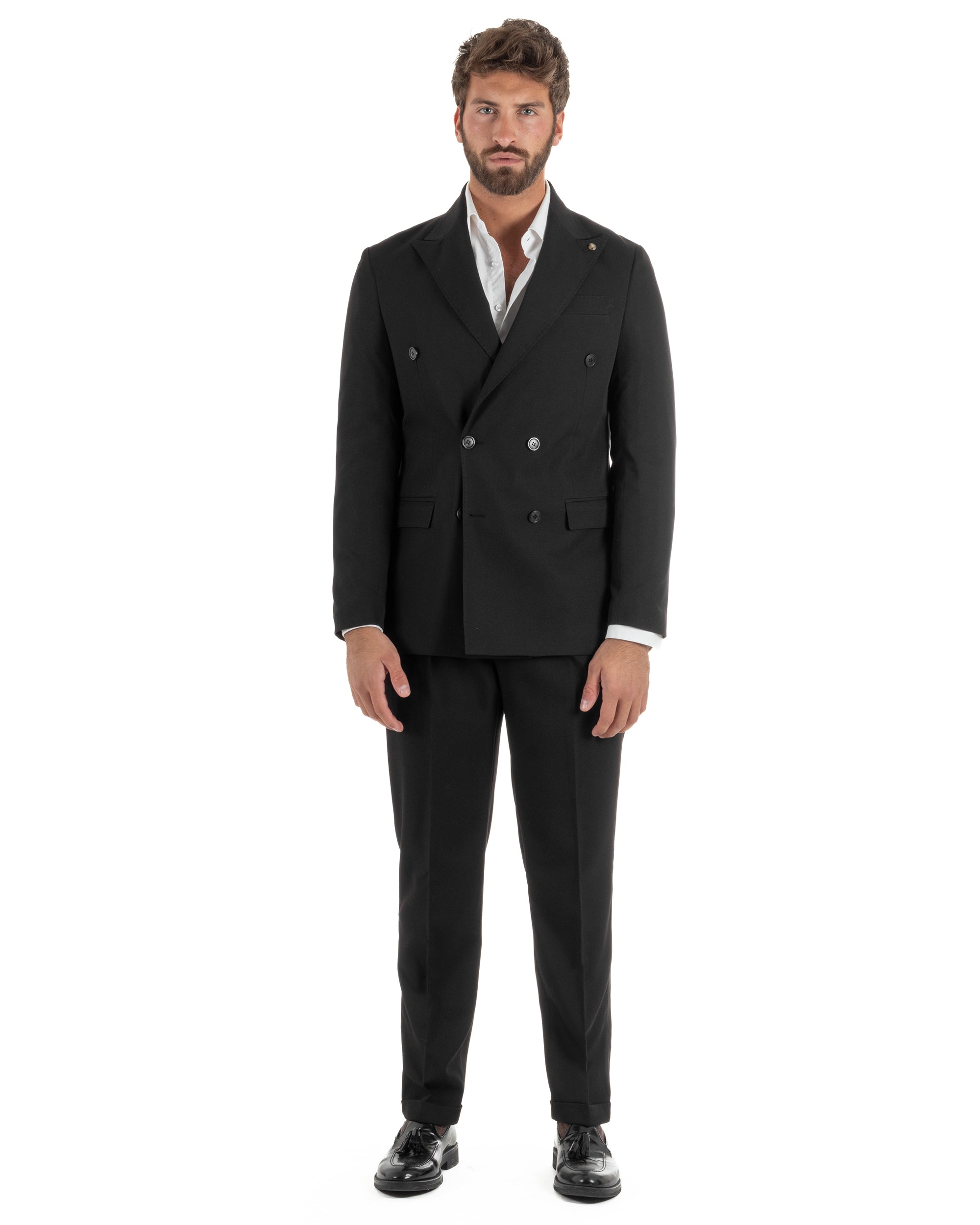 Completo uomo nero doppiopetto giacca rever lancia pantaloni pinces fibbia cerimonia elegante