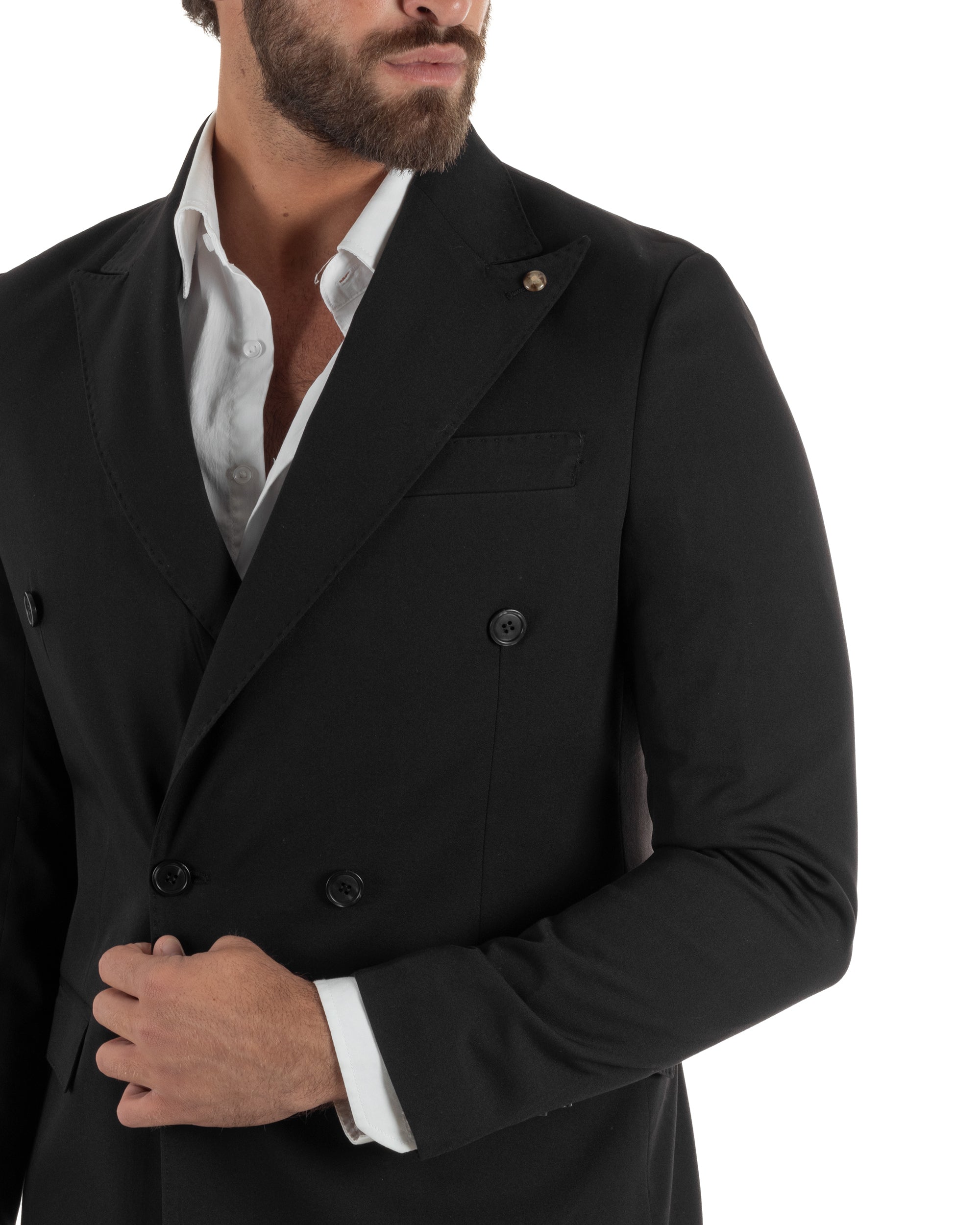  Vista 3/4 abito uomo nero doppiopetto sartoriale giacca pantaloni pinces fibbia cerimonia elegante
