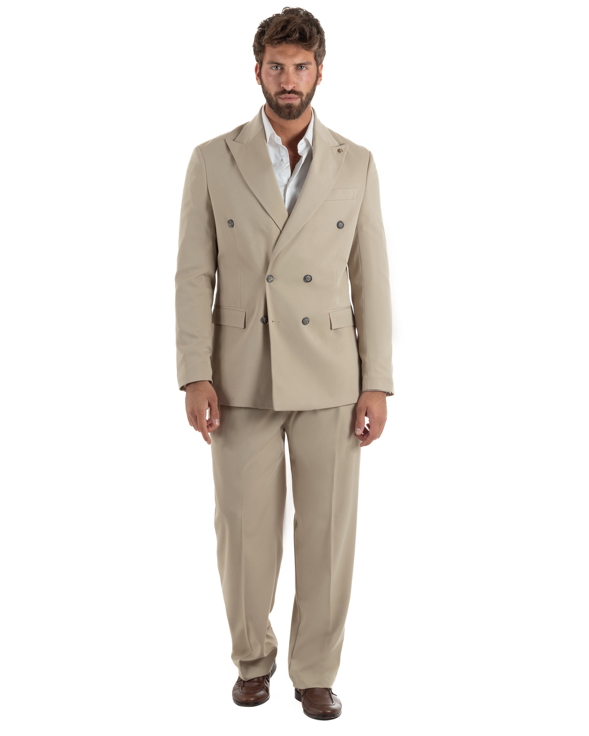 Abito uomo beige doppiopetto sartoriale giacca pantaloni baggy pinces old money made in Italy