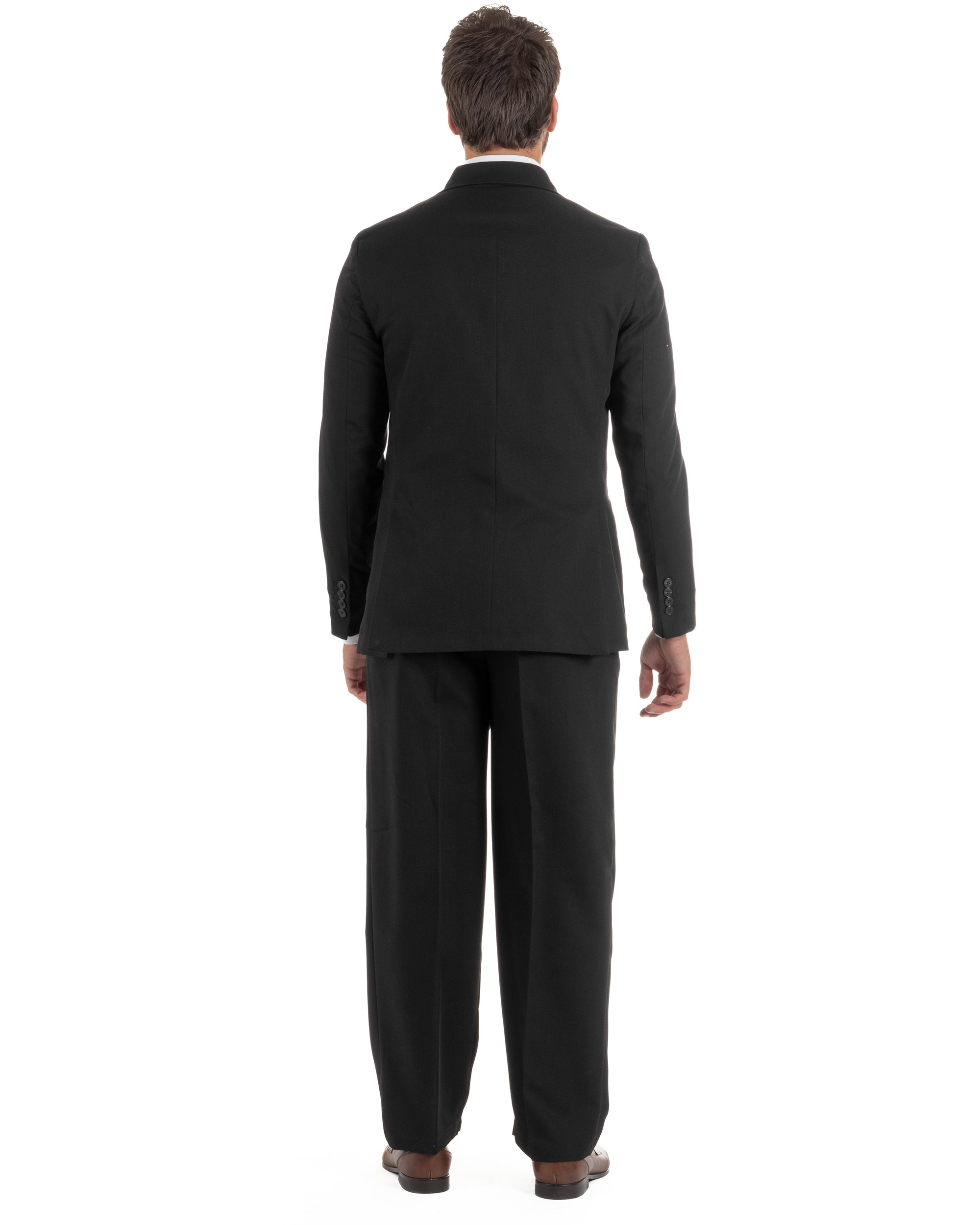 Vista posteriore abito uomo nero doppiopetto giacca pantaloni baggy pinces 79% poliestere rayon