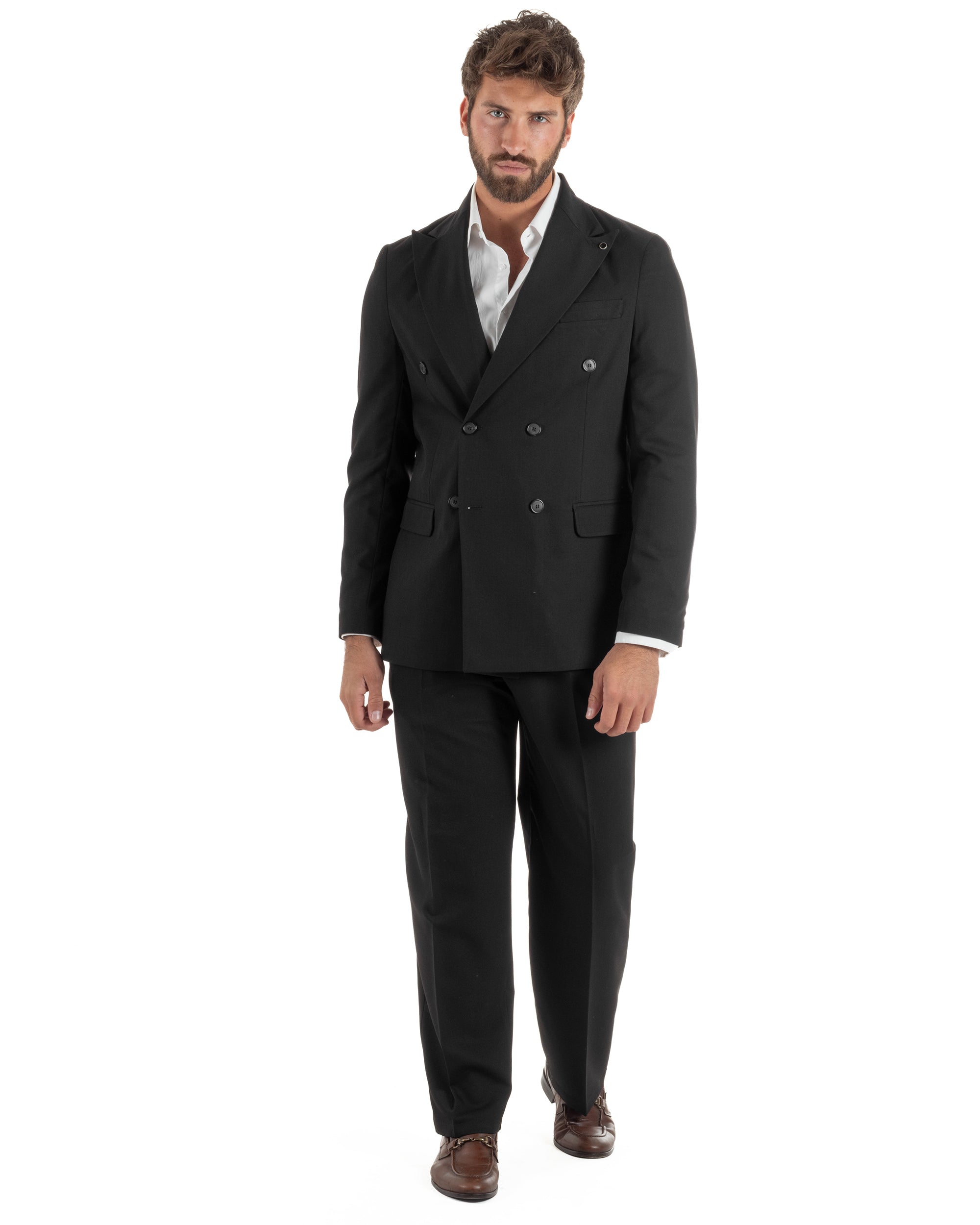 Abito uomo nero doppiopetto sartoriale giacca pantaloni baggy pinces old money made in Italy