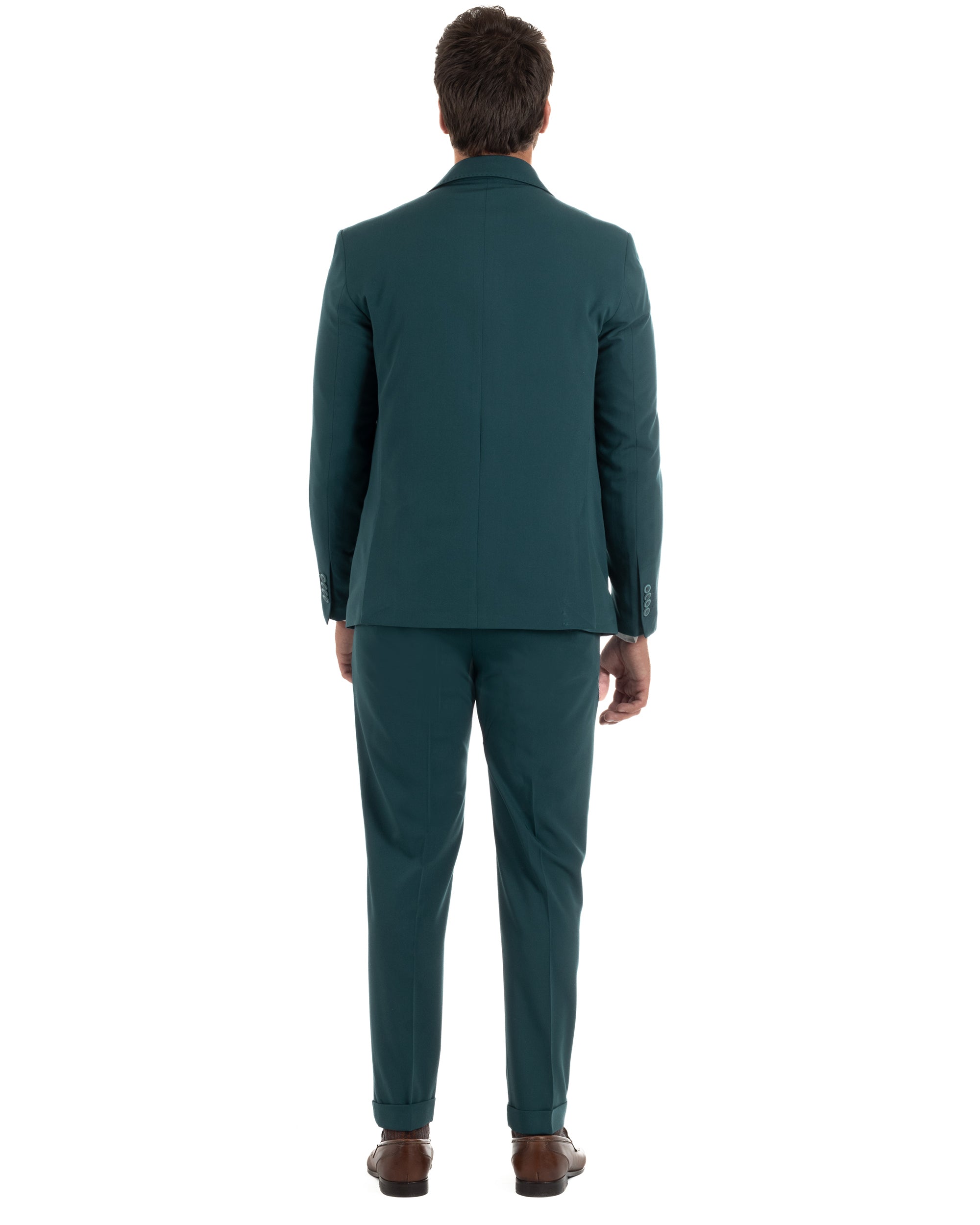 Vista posteriore abito uomo petrolio monopetto slim fit giacca pantaloni risvolto cucito elegante