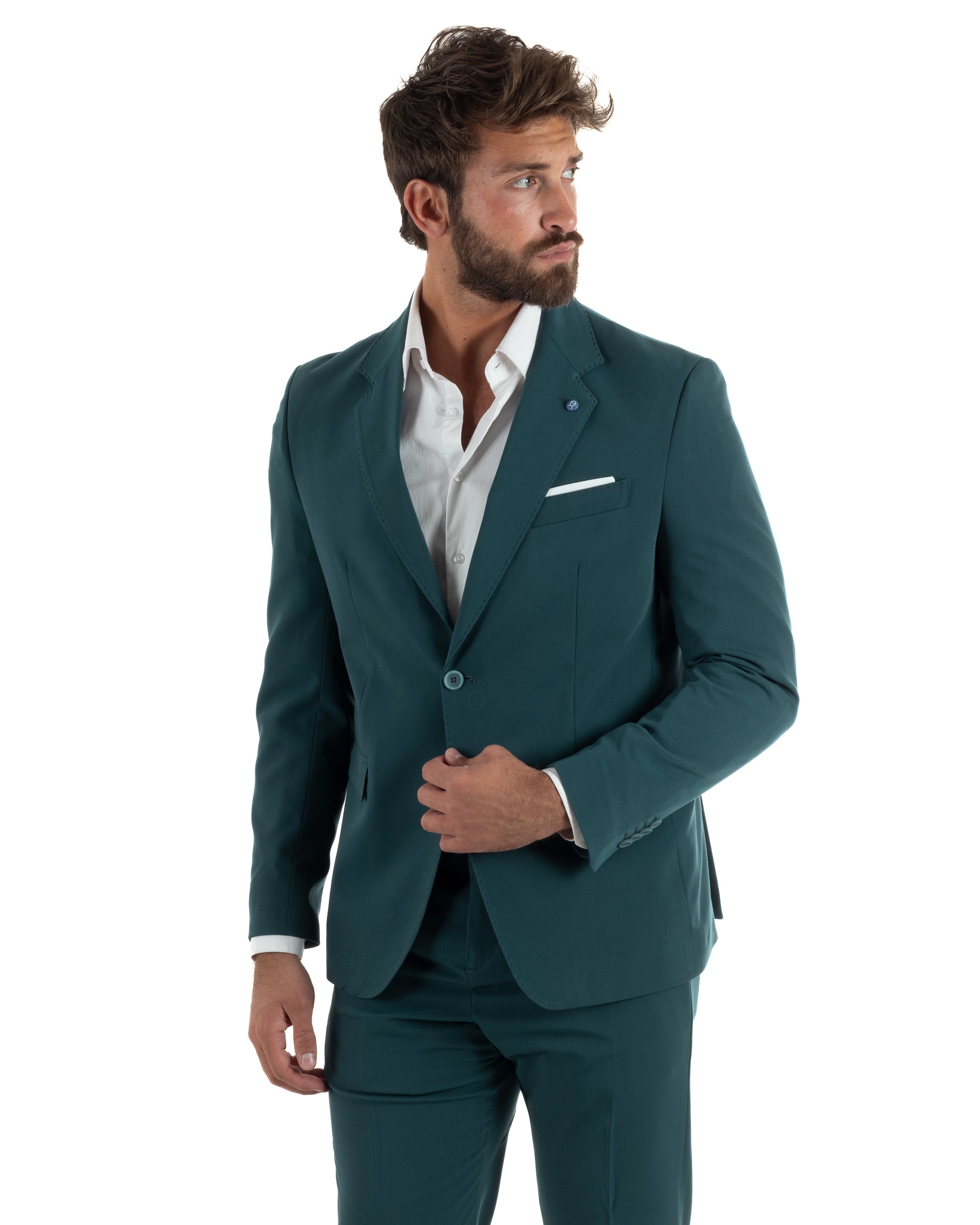 Dettaglio tasche patta laterali abbottonatura pantaloni petrolio slim fit 79% poliestere rayon