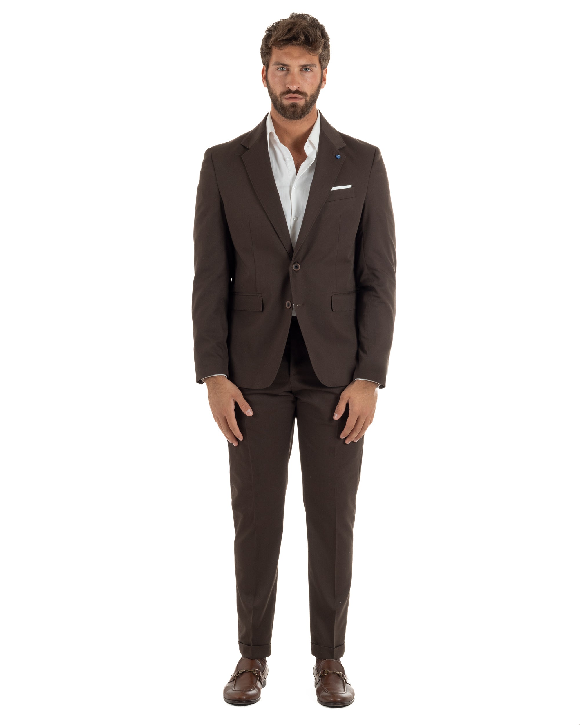 Completo uomo marrone monopetto giacca rever classico due bottoni pantaloni slim fit made in Italy