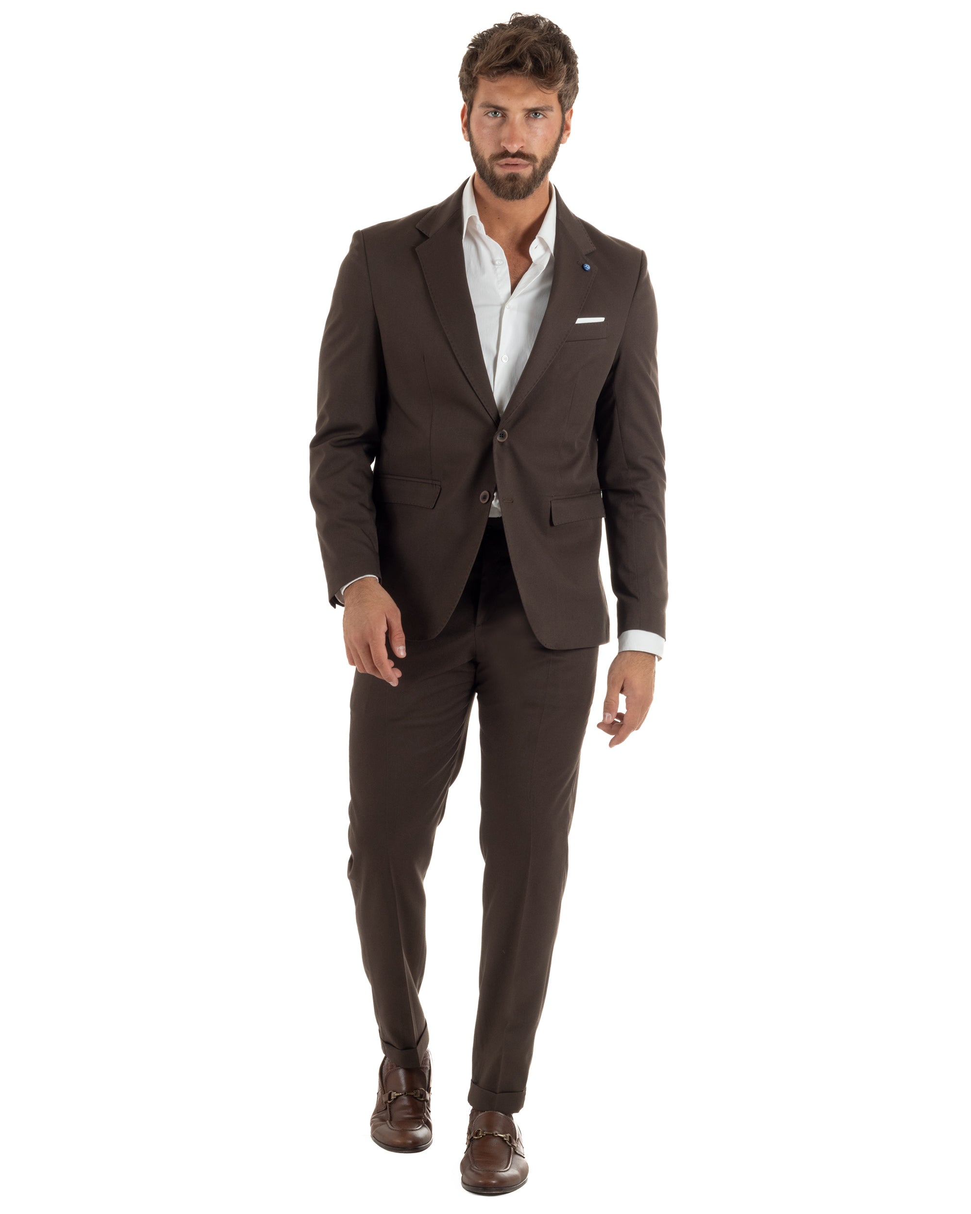 Abito uomo marrone monopetto sartoriale giacca pantaloni slim fit cerimonia smart elegant