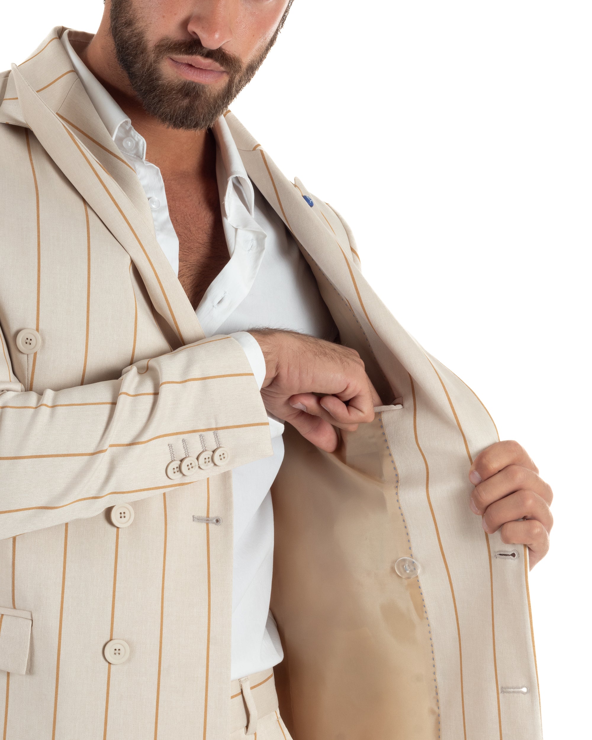 Abito uomo doppiopetto completo gessato giacca pantaloni riga larga beige GIOSAL-AE1257A