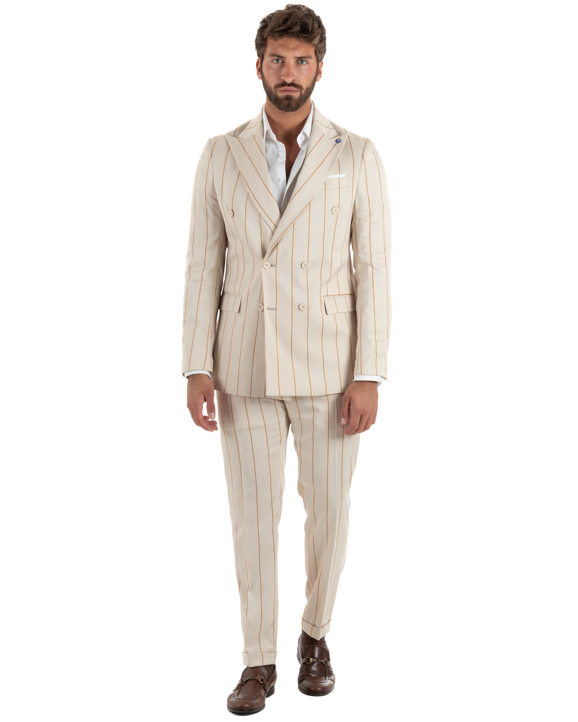 Abito uomo beige doppiopetto gessato giacca pantaloni riga larga business sartoriale made in Italy