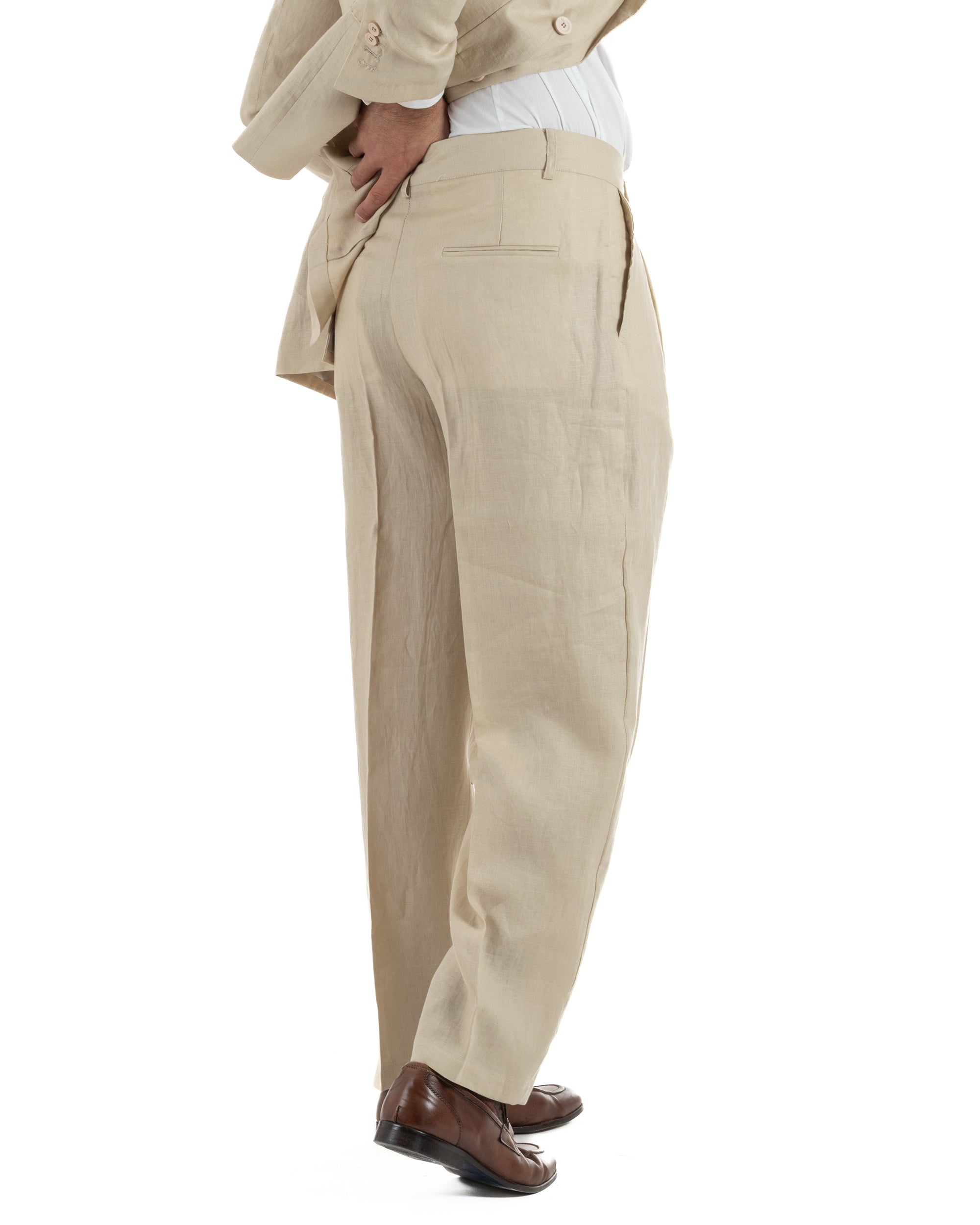 Abito uomo doppiopetto lino completo giacca pantaloni baggy pinces beige GIOSAL-AE1258A