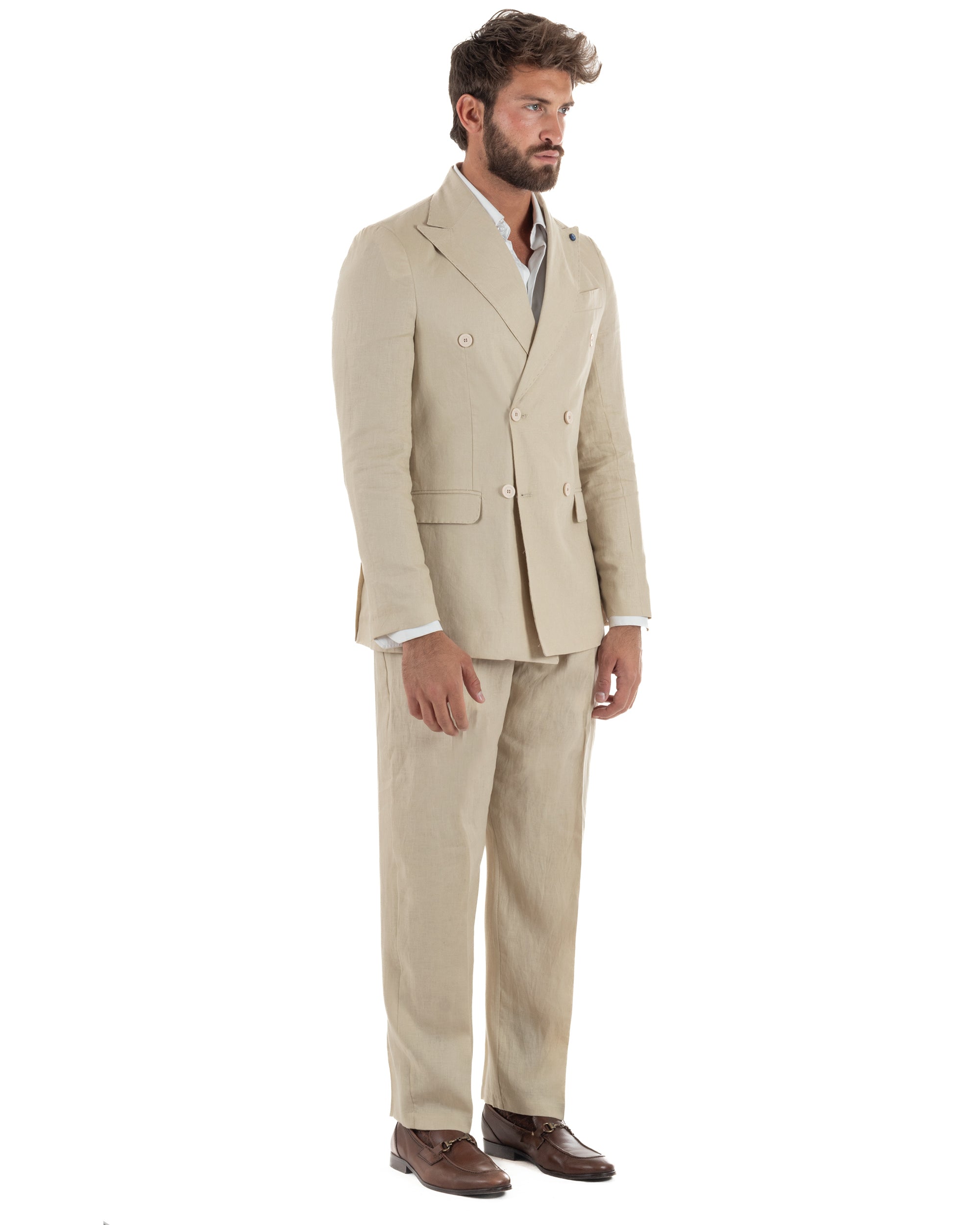 Abito uomo doppiopetto lino completo giacca pantaloni baggy pinces beige GIOSAL-AE1258A