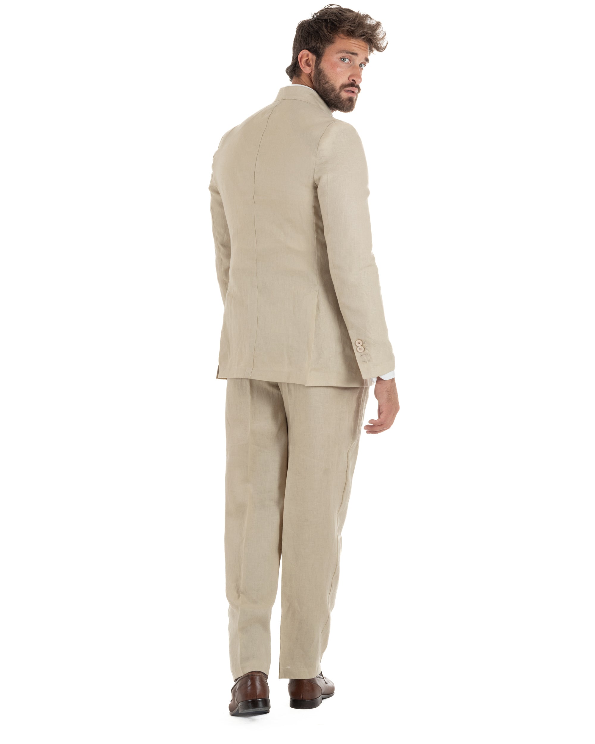 Abito uomo doppiopetto lino completo giacca pantaloni baggy pinces beige GIOSAL-AE1258A
