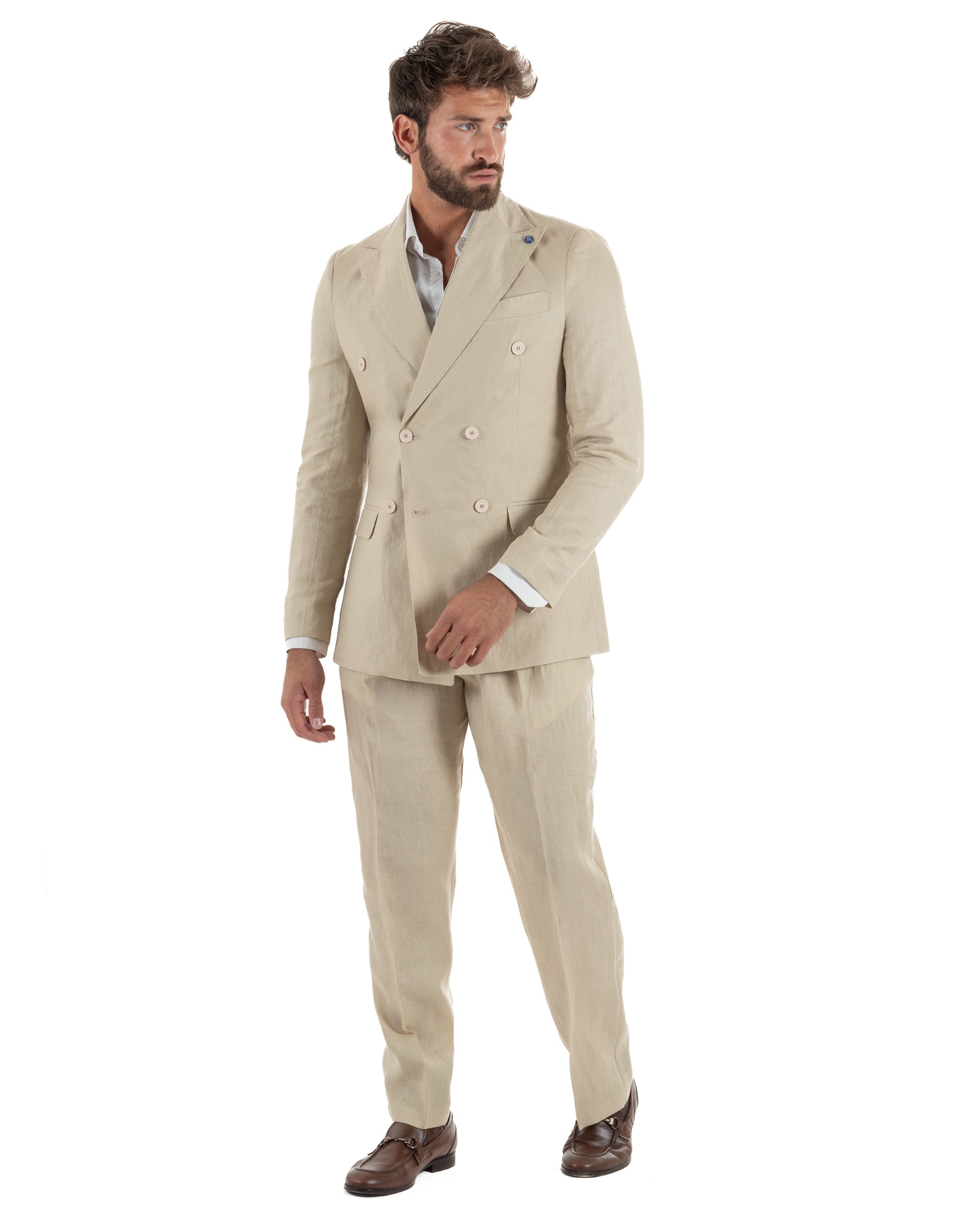 Abito uomo doppiopetto lino completo giacca pantaloni baggy pinces beige GIOSAL-AE1258A