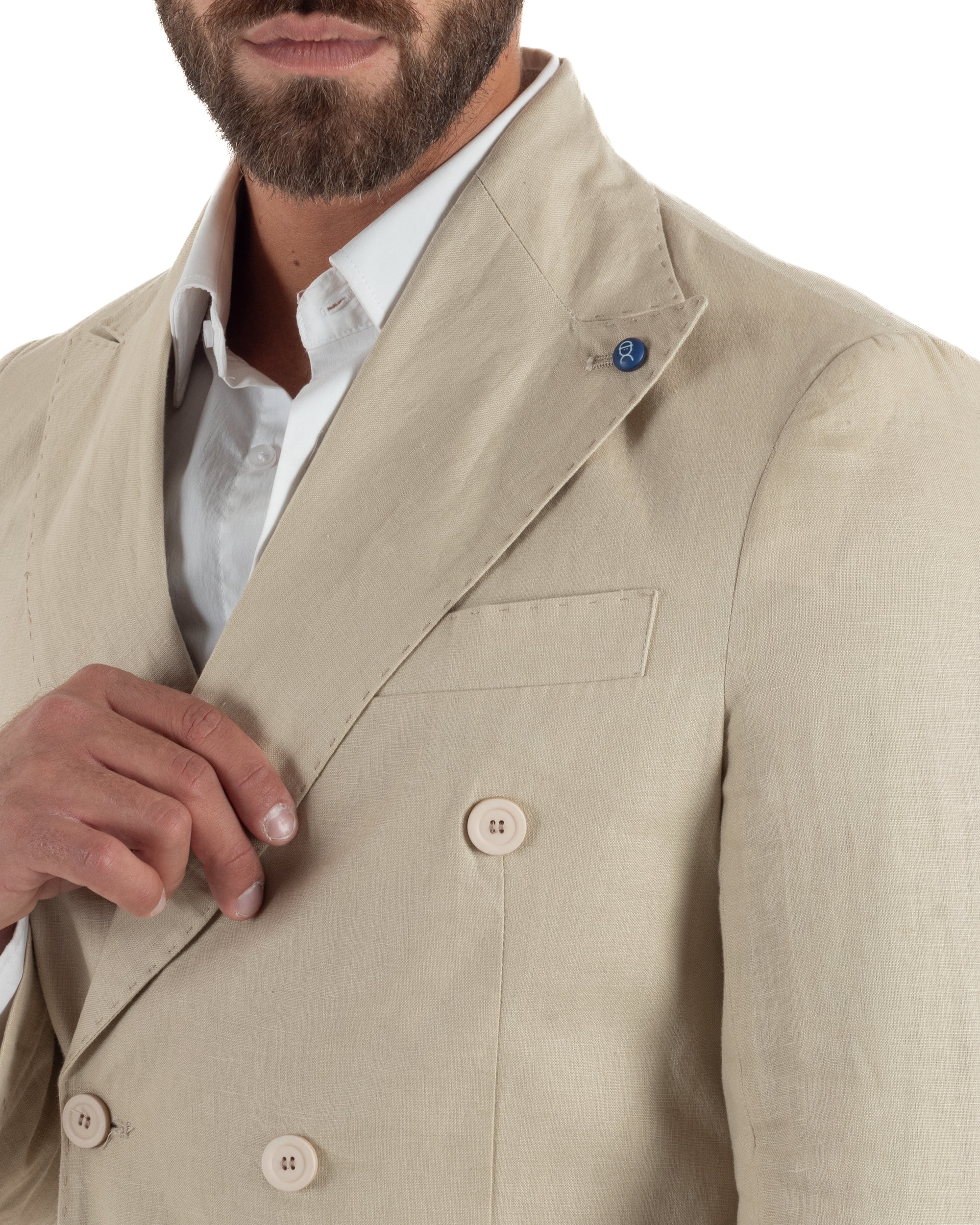 Abito uomo doppiopetto lino completo giacca pantaloni baggy pinces beige GIOSAL-AE1258A