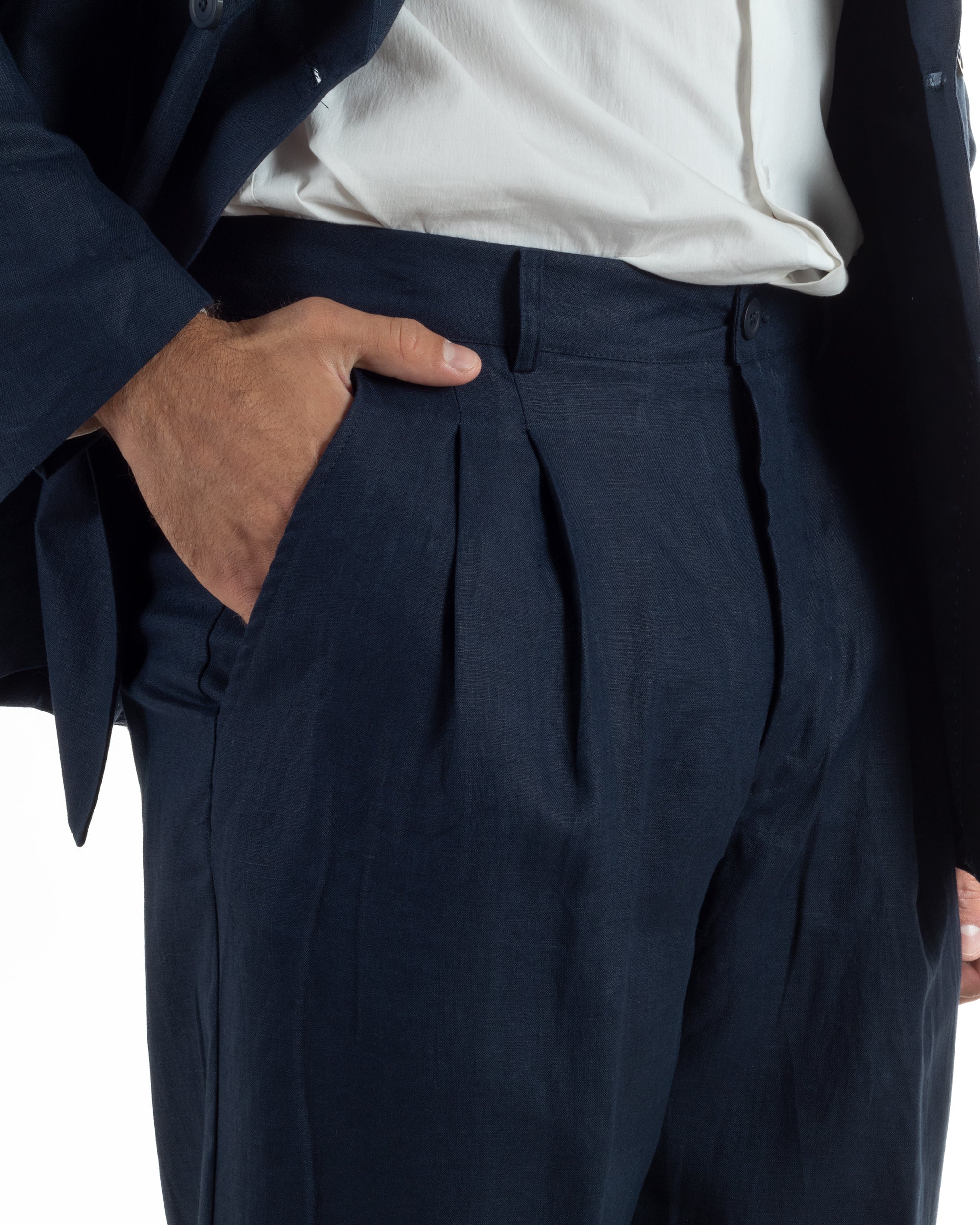 Abito uomo doppiopetto lino completo giacca pantaloni baggy pinces blu GIOSAL-AE1259A