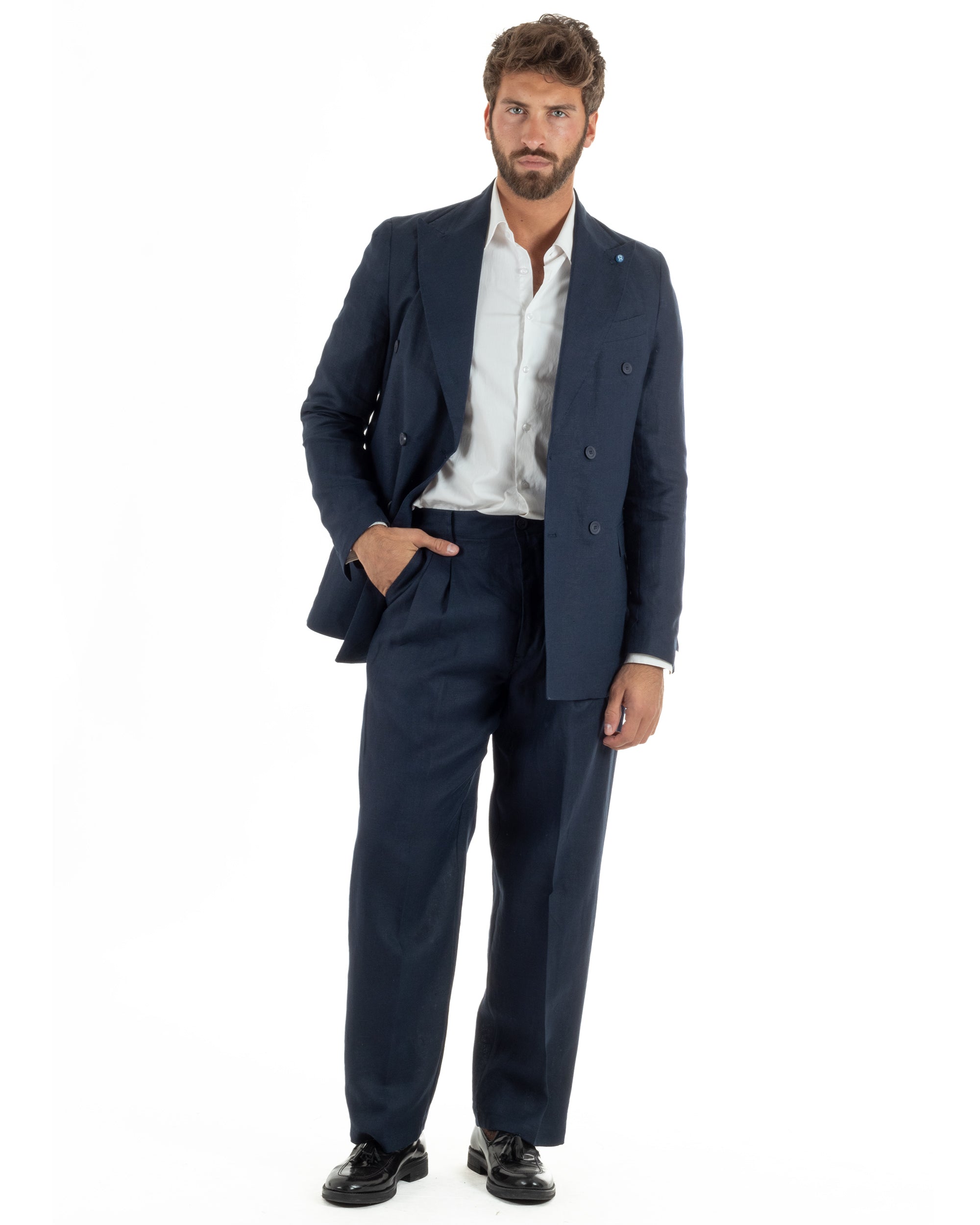 Abito uomo doppiopetto lino completo giacca pantaloni baggy pinces blu GIOSAL-AE1259A