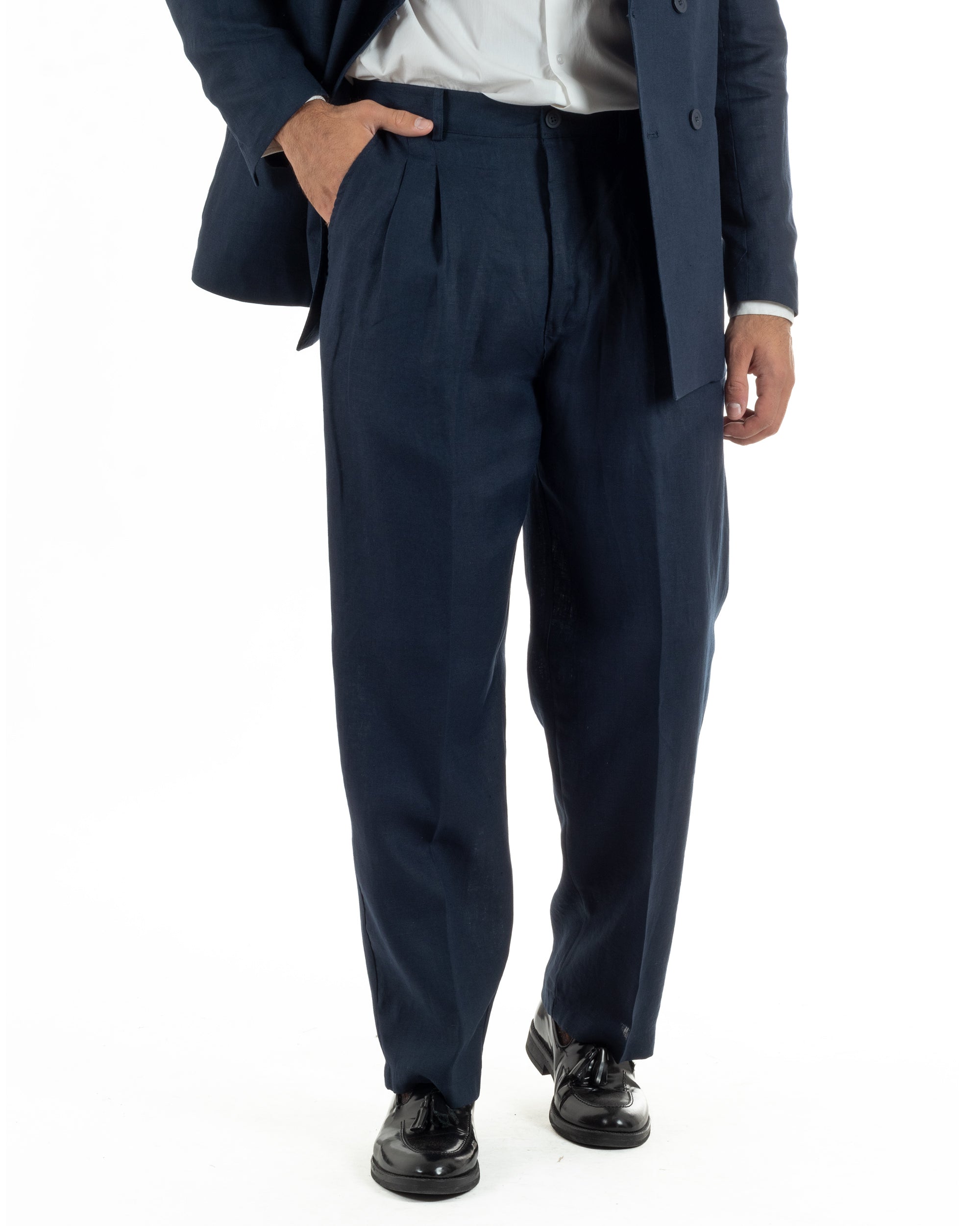 Abito uomo doppiopetto lino completo giacca pantaloni baggy pinces blu GIOSAL-AE1259A