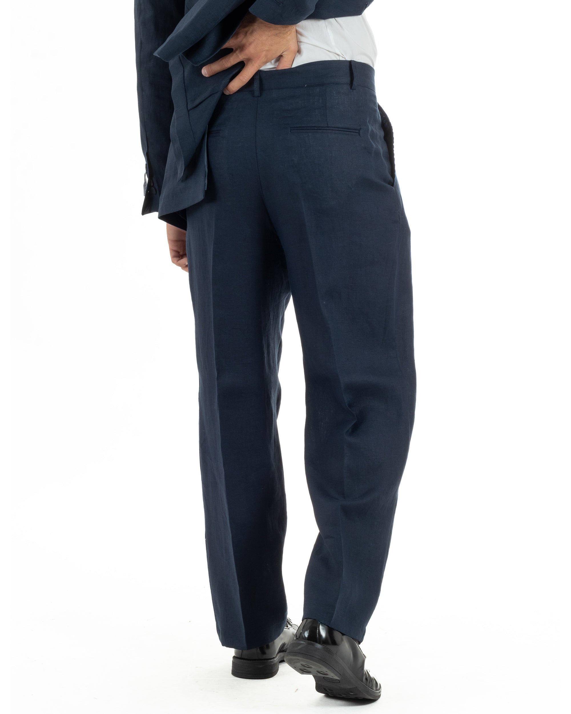 Abito uomo doppiopetto lino completo giacca pantaloni baggy pinces blu GIOSAL-AE1259A