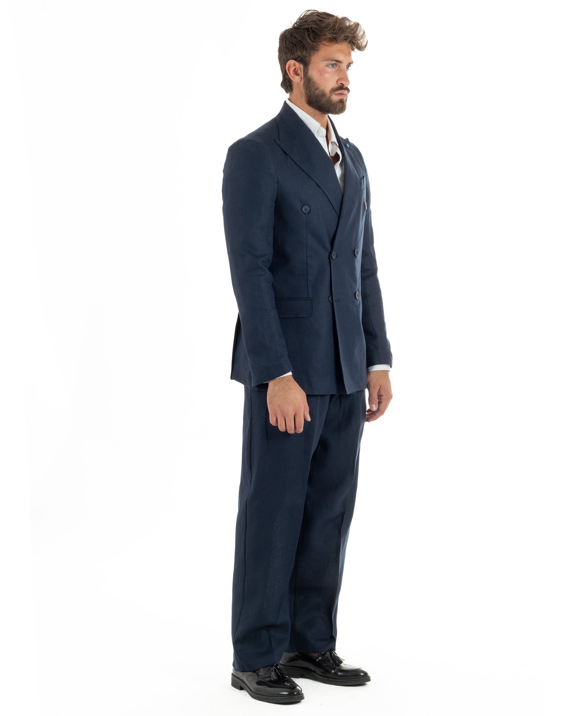 Abito uomo doppiopetto lino completo giacca pantaloni baggy pinces blu GIOSAL-AE1259A