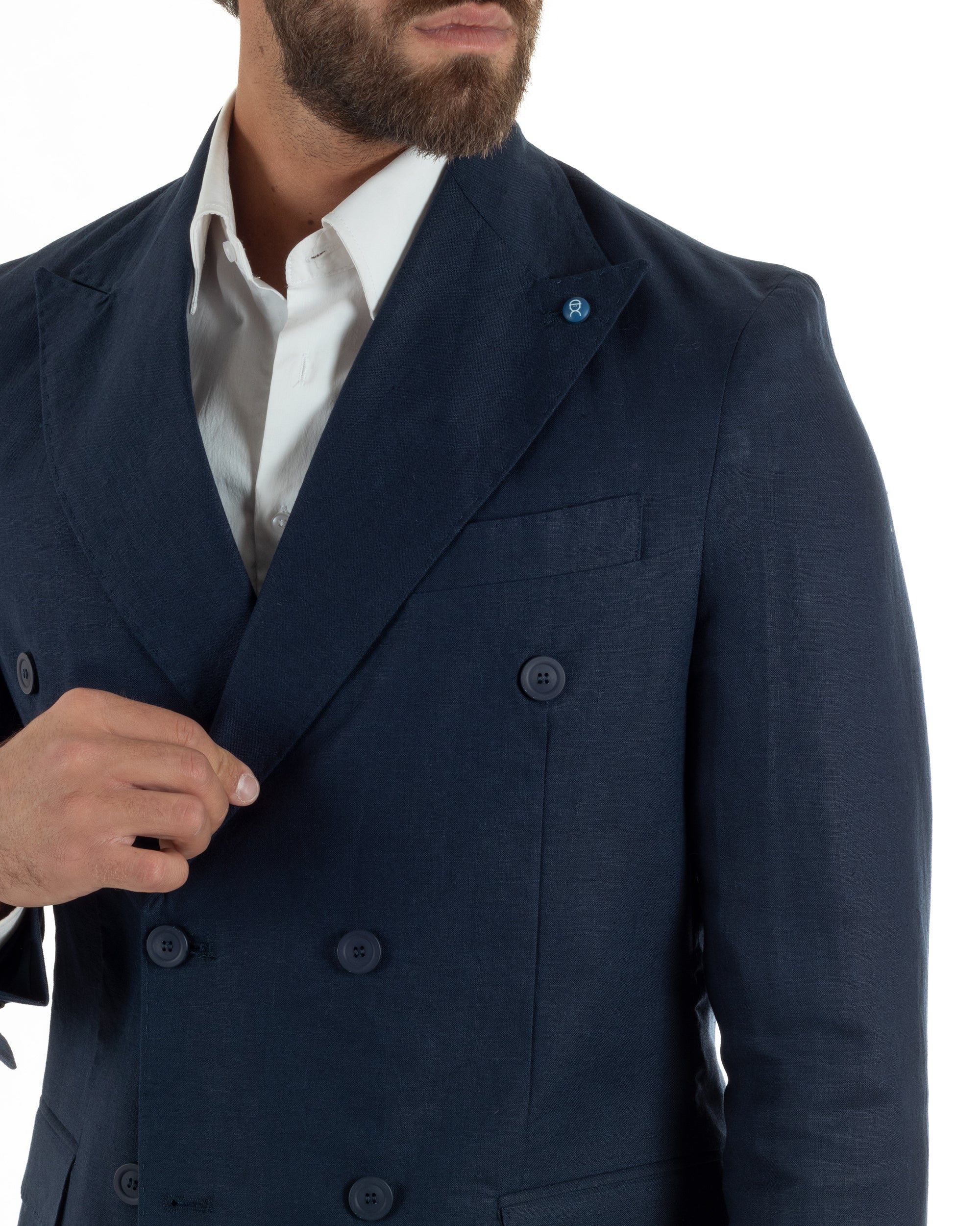 Abito uomo doppiopetto lino completo giacca pantaloni baggy pinces blu GIOSAL-AE1259A