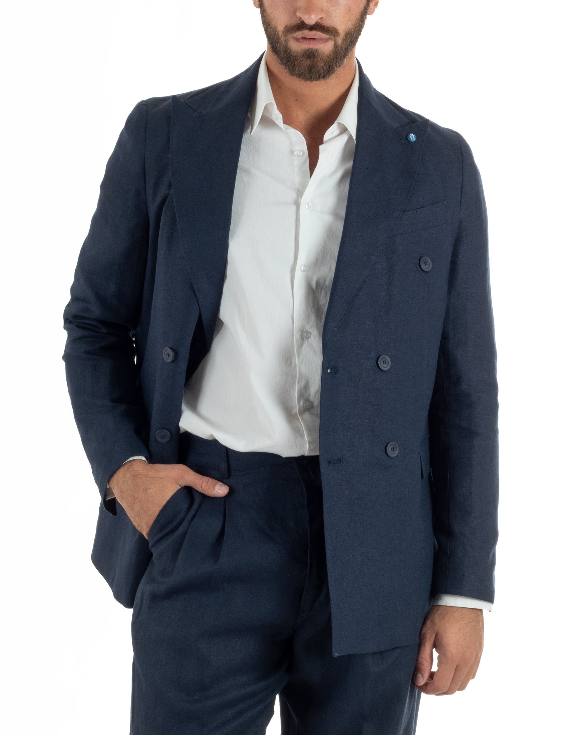 Abito uomo doppiopetto lino completo giacca pantaloni baggy pinces blu GIOSAL-AE1259A