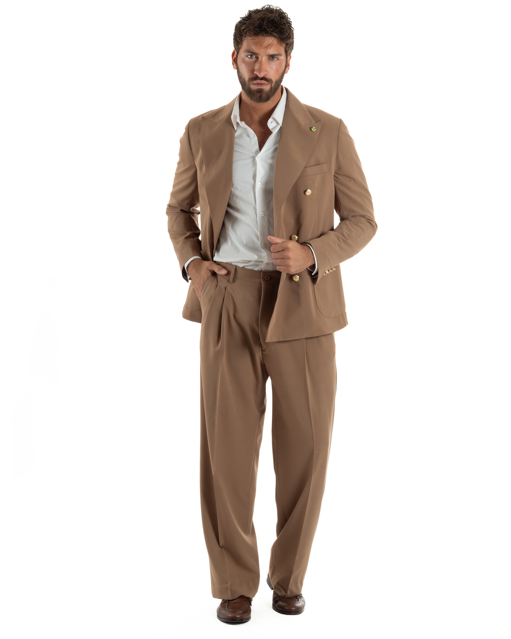 Abito uomo doppiopetto completo oversize giacca bottoni oro pantaloni baggy marrone BlackSunday AE1260A