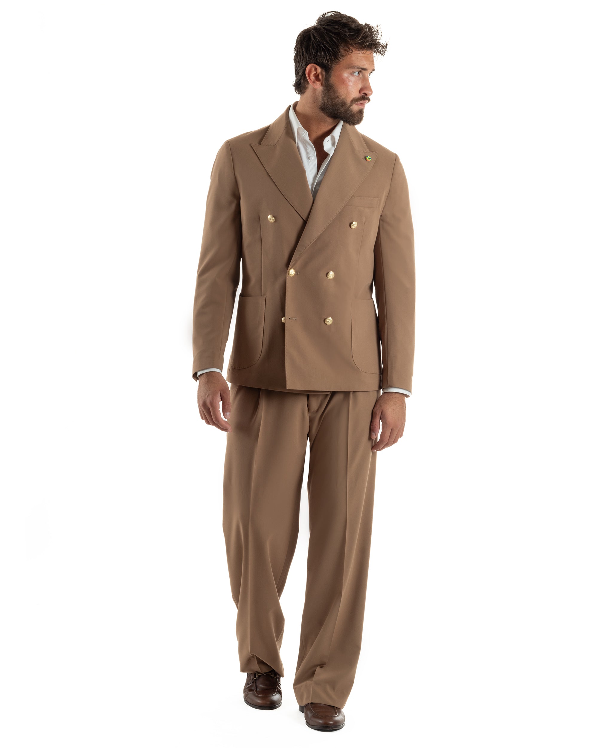 Abito uomo doppiopetto completo oversize giacca bottoni oro pantaloni baggy marrone BlackSunday AE1260A