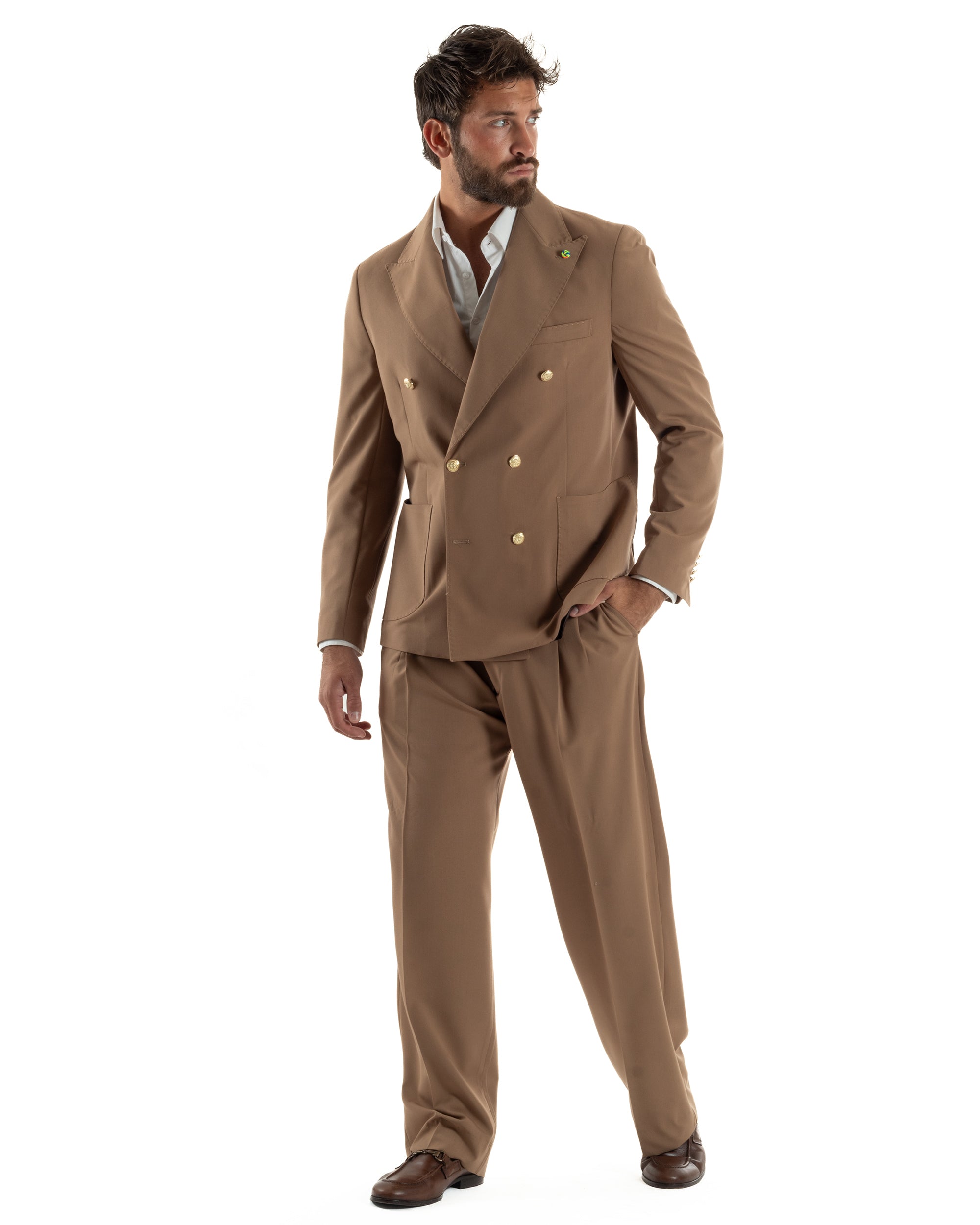 Abito uomo doppiopetto completo oversize giacca bottoni oro pantaloni baggy marrone BlackSunday AE1260A