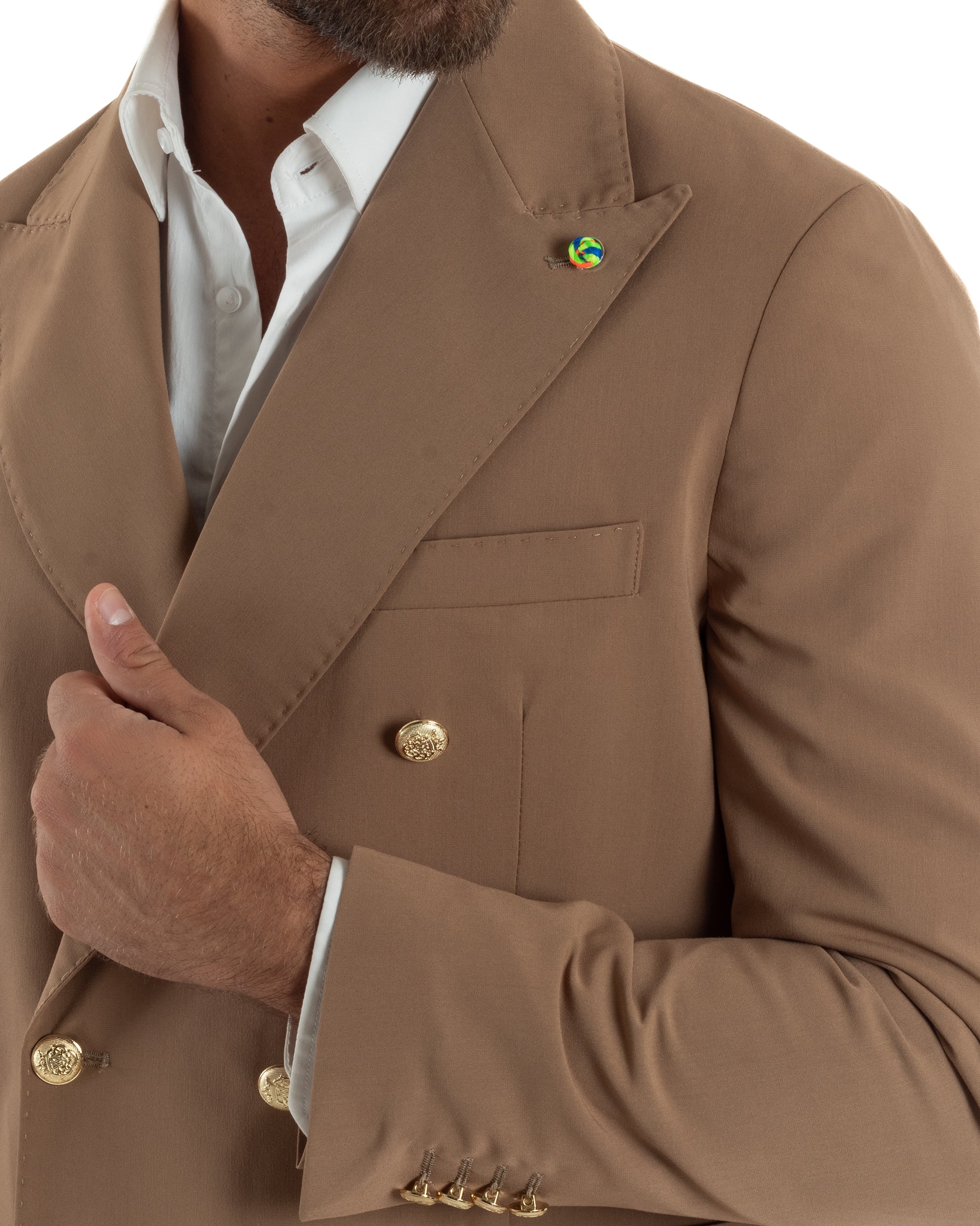 Abito uomo doppiopetto completo oversize giacca bottoni oro pantaloni baggy marrone BlackSunday AE1260A