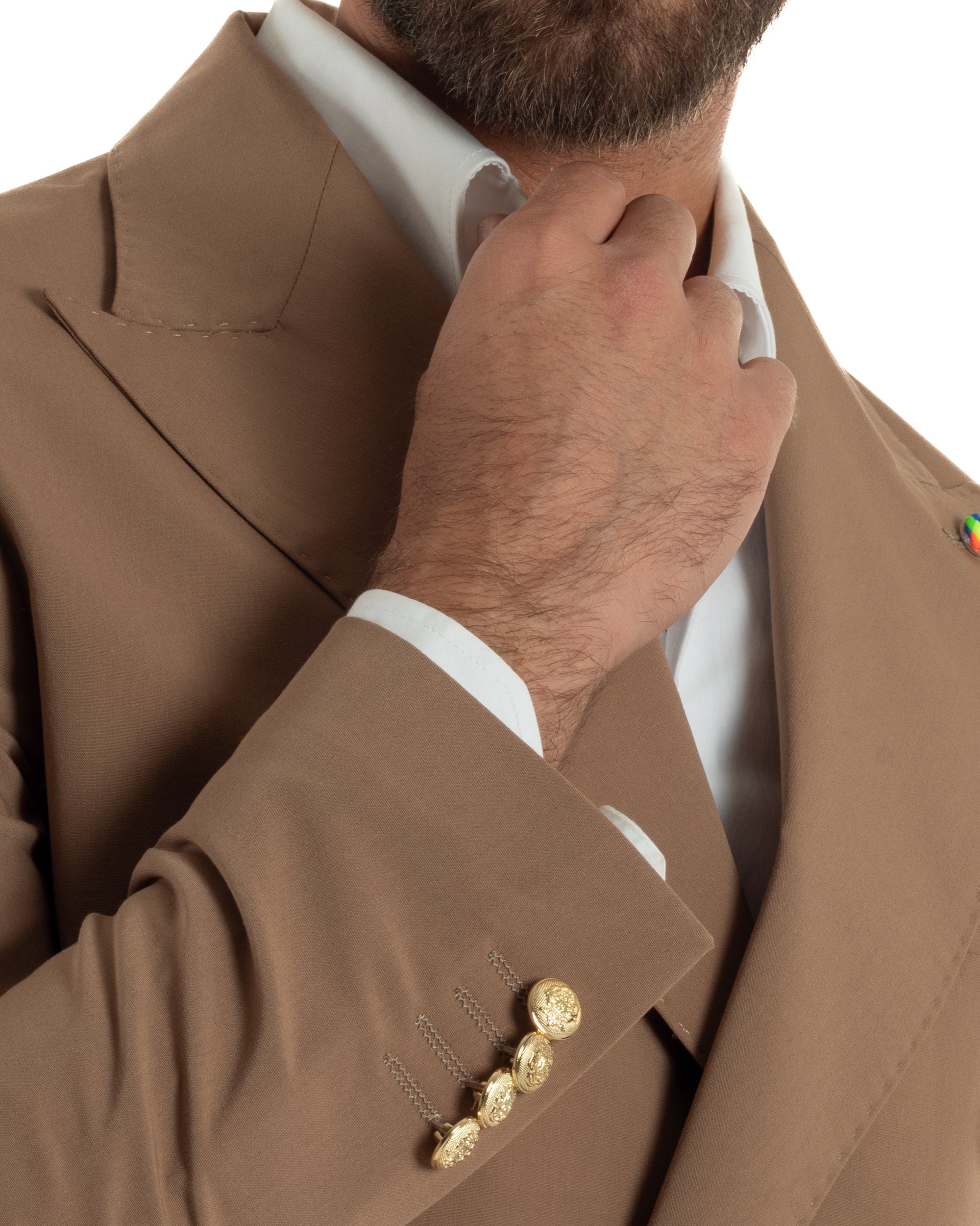 Abito uomo doppiopetto completo oversize giacca bottoni oro pantaloni baggy marrone BlackSunday AE1260A