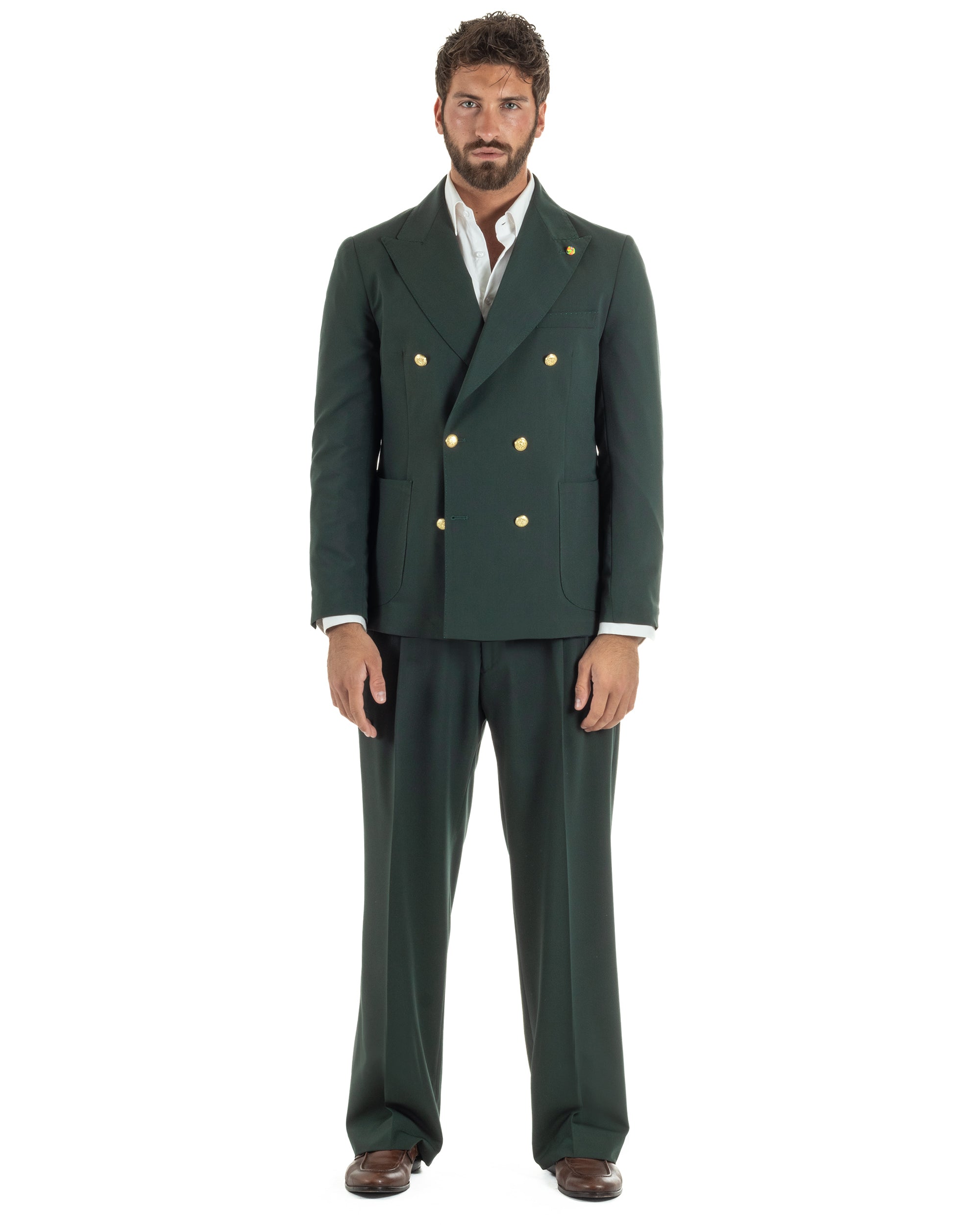 Abito uomo doppiopetto completo oversize giacca bottoni oro pantaloni baggy verde BlackSunday AE1261A