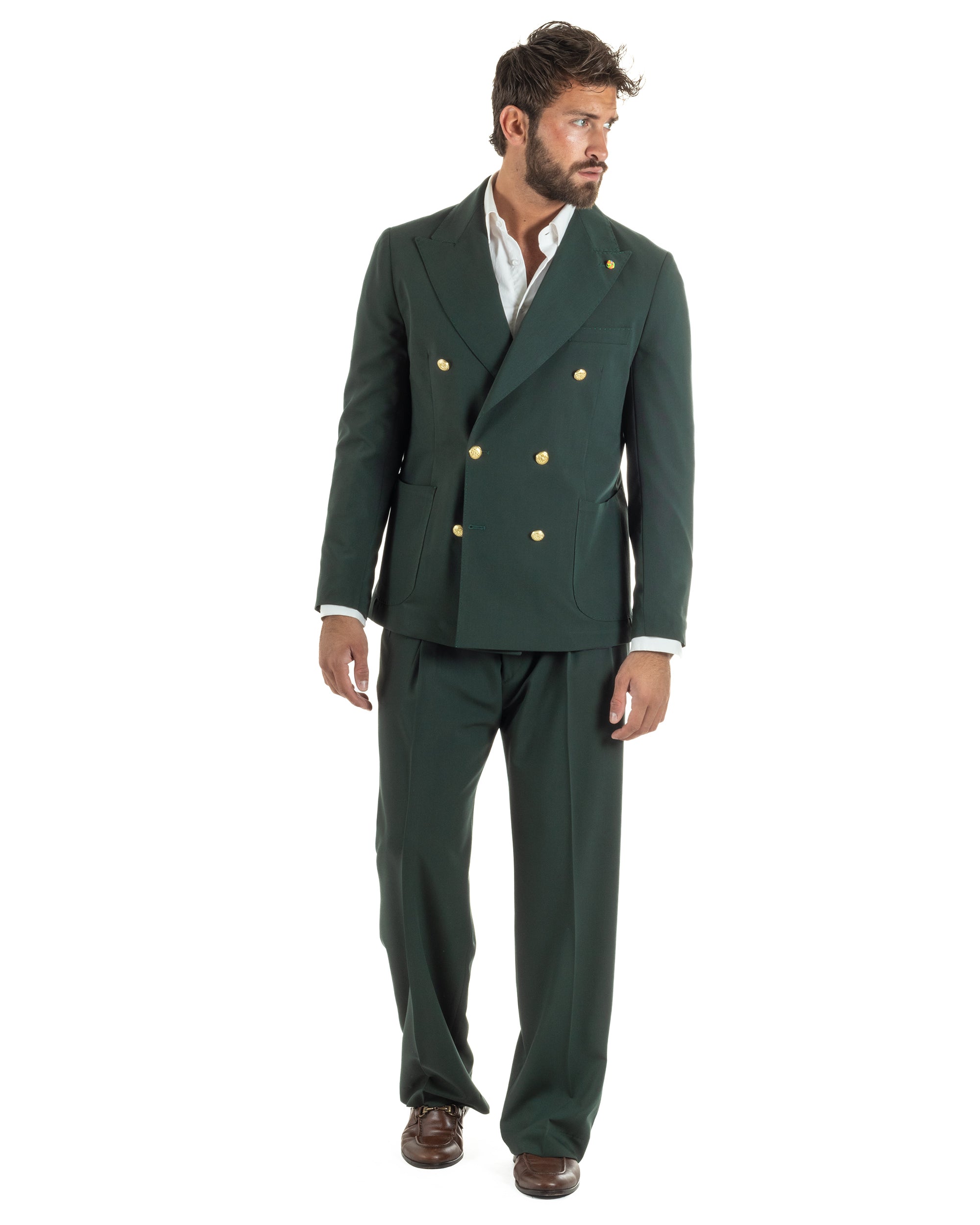 Abito uomo doppiopetto completo oversize giacca bottoni oro pantaloni baggy verde BlackSunday AE1261A