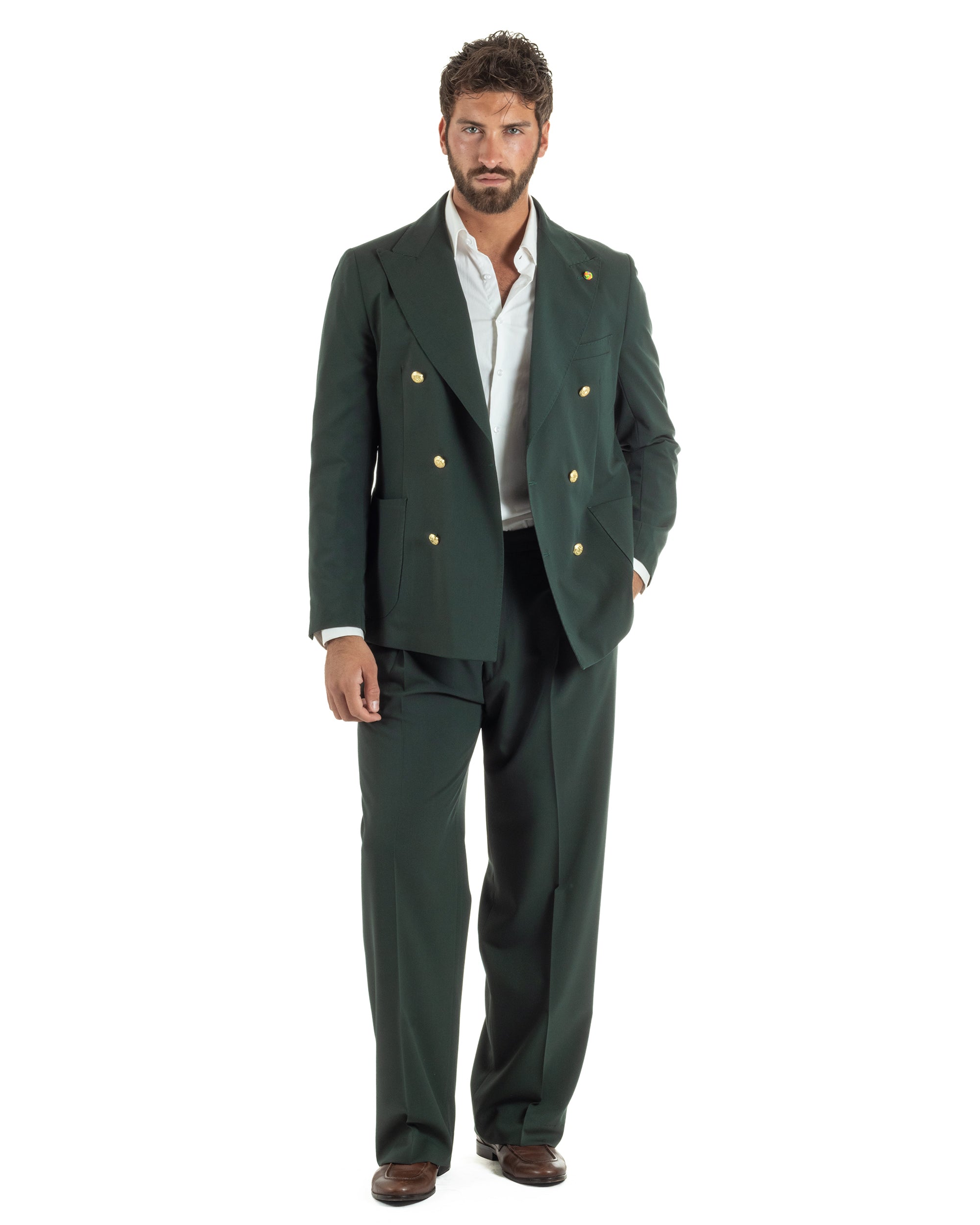 Abito uomo doppiopetto completo oversize giacca bottoni oro pantaloni baggy verde BlackSunday AE1261A
