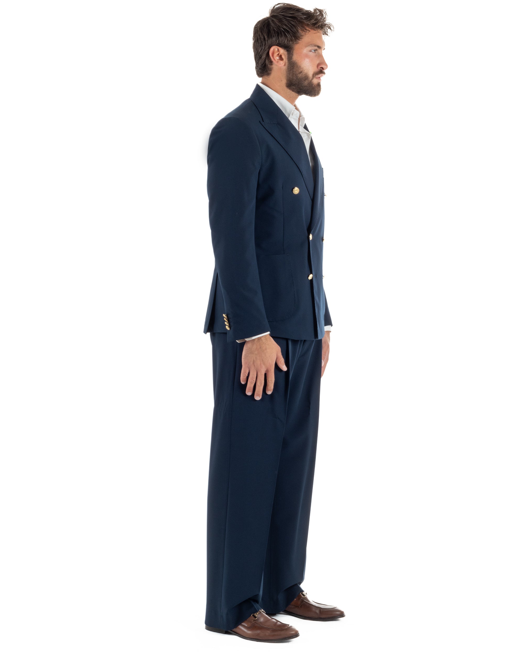 Abito uomo doppiopetto completo oversize giacca bottoni oro pantaloni baggy blu BlackSunday AE1262A
