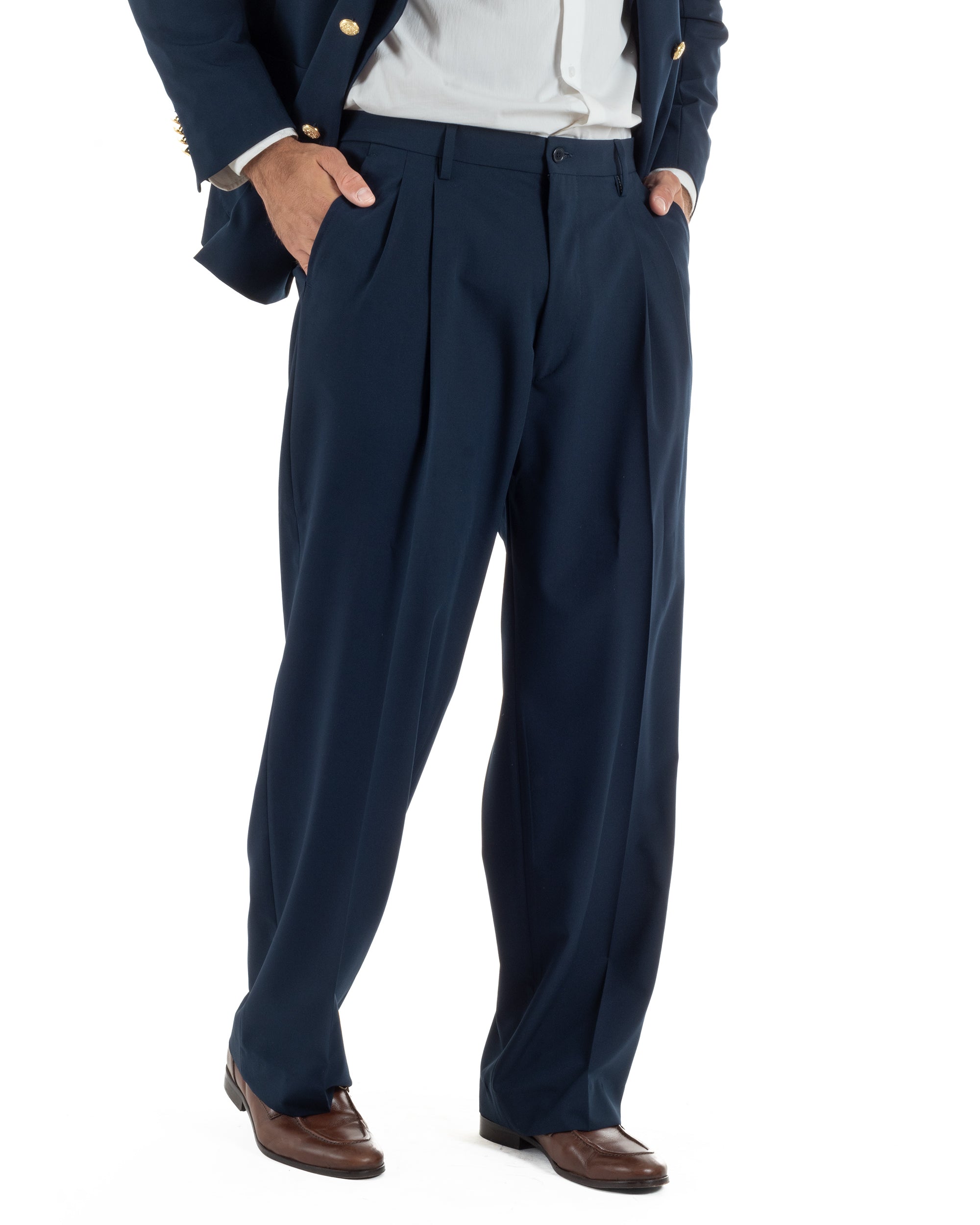 Abito uomo doppiopetto completo oversize giacca bottoni oro pantaloni baggy blu BlackSunday AE1262A